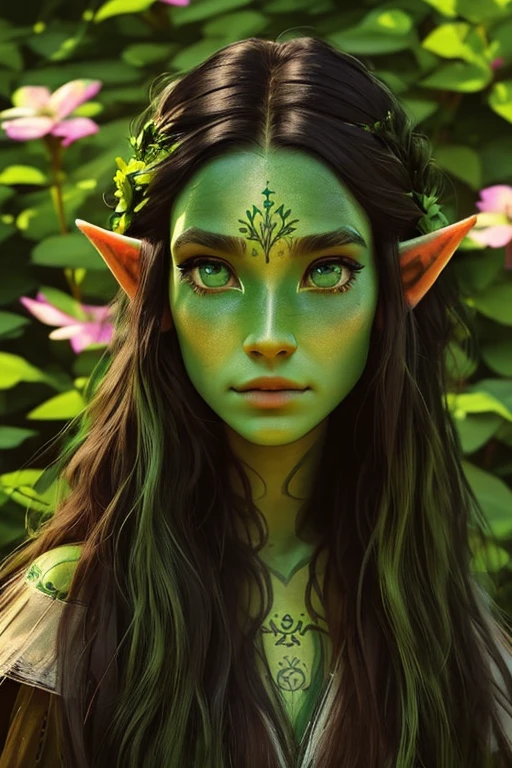 ((best quality)), (detailed), girl, elf, wood elf, teen, fifteen years old, black hair, weavy messy hair, ((green skin)), bright green eyes, freacles, innocent, childish, floral facepaint, floral green face tattoo, green skin, fantasy