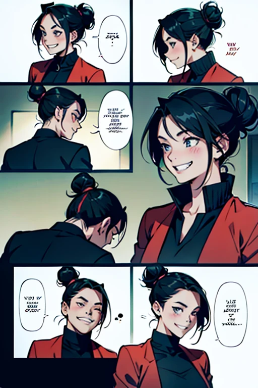Girl with vlack hair in a bun smiling and laughing, manga page with panels and dialogue