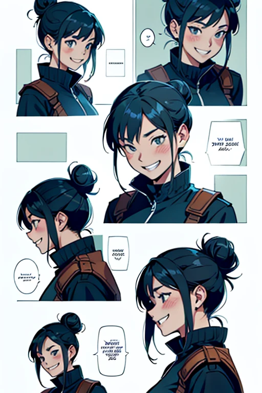 Girl with vlack hair in a bun smiling and laughing, manga page with panels and dialogue