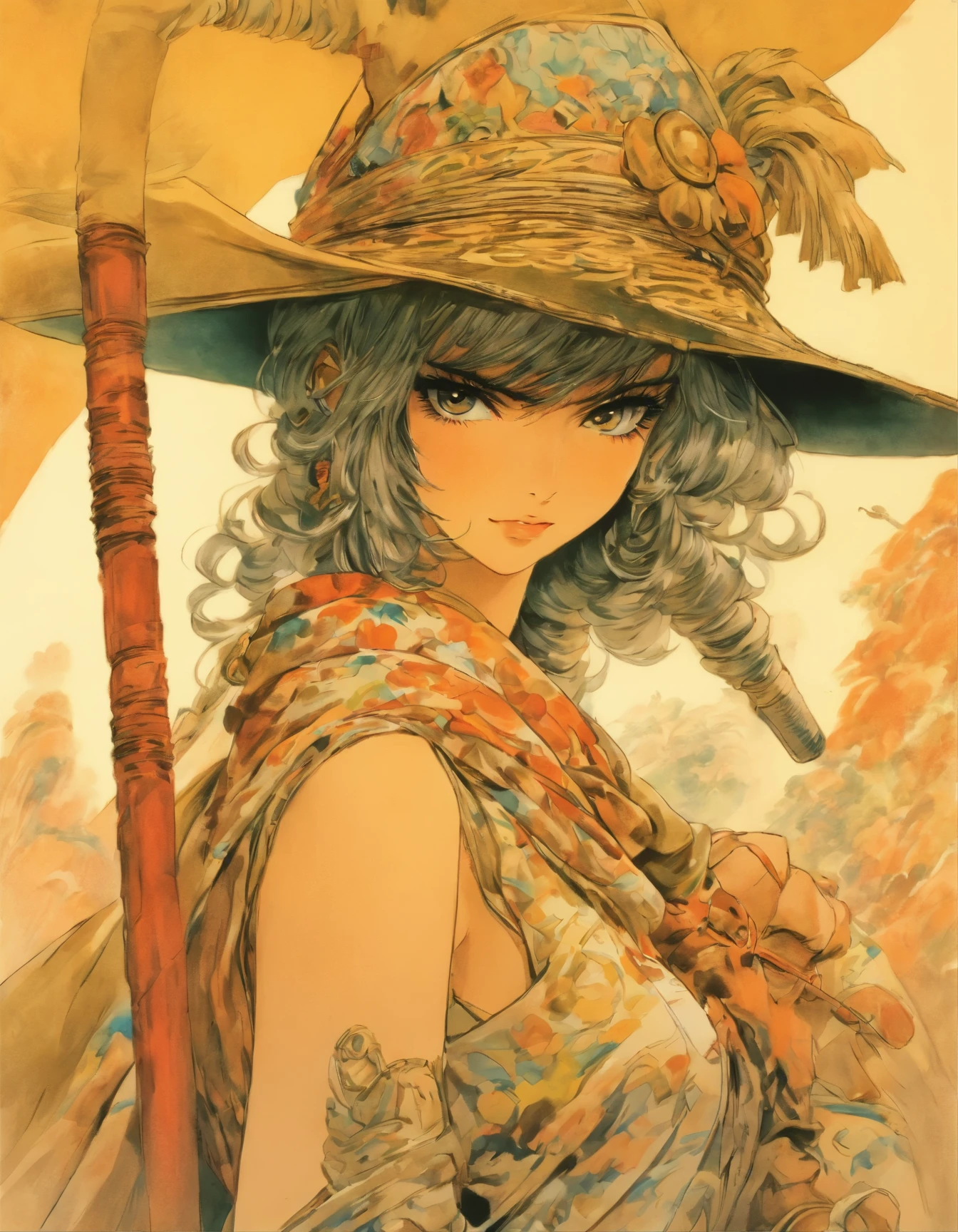 drawing of a woman in a costume with a hat and a cane, pencil and ink manga drawing, by Junpei Satoh, by Yuki Ogura, beautiful line art, pencil and ink manga, style of masamune shirow, by shirow masamune, ink manga drawing, by Hideyuki Kikuchi, highly detailed exquisite fanart