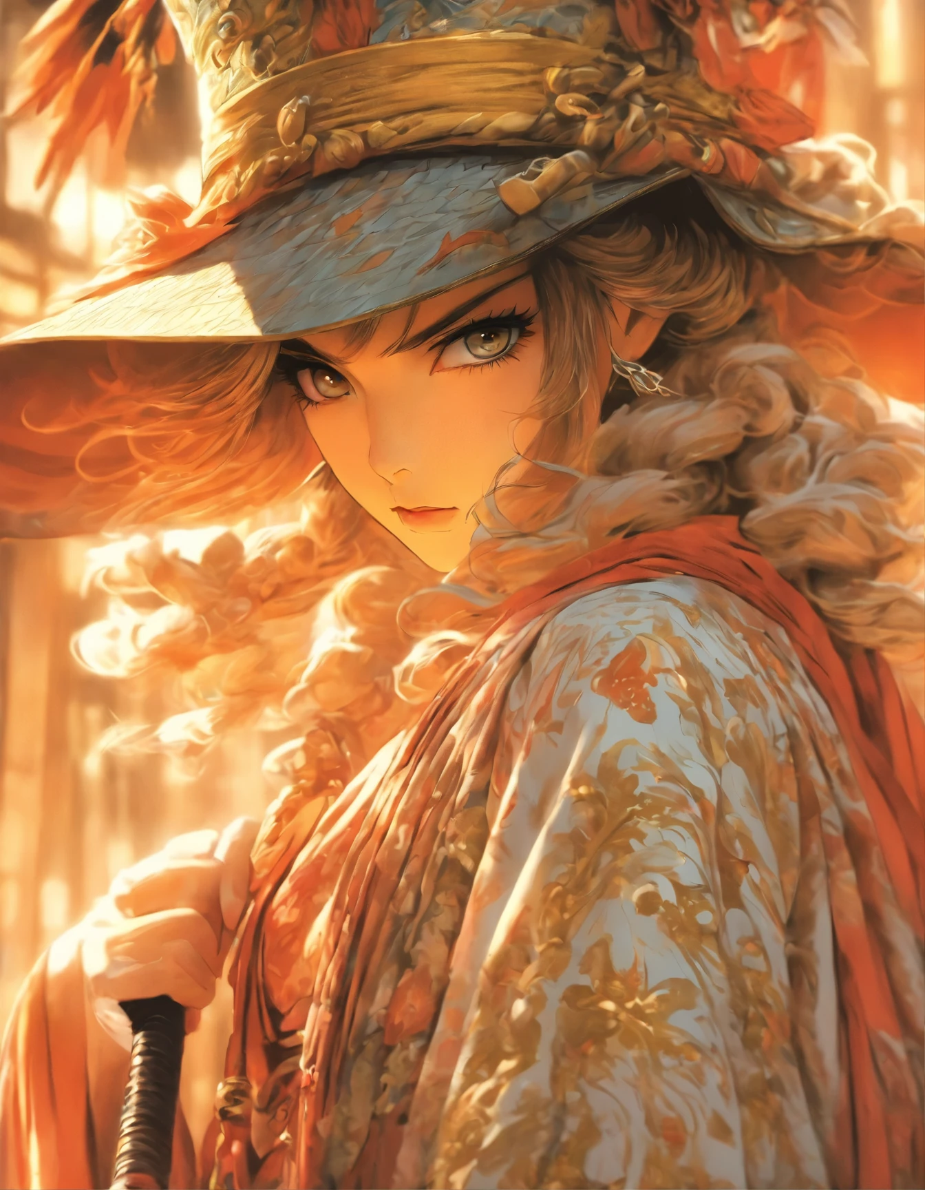 drawing of a woman in a costume with a hat and a cane, pencil and ink manga drawing, by Junpei Satoh, by Yuki Ogura, beautiful line art, pencil and ink manga, style of masamune shirow, by shirow masamune, ink manga drawing, by Hideyuki Kikuchi, highly detailed exquisite fanart