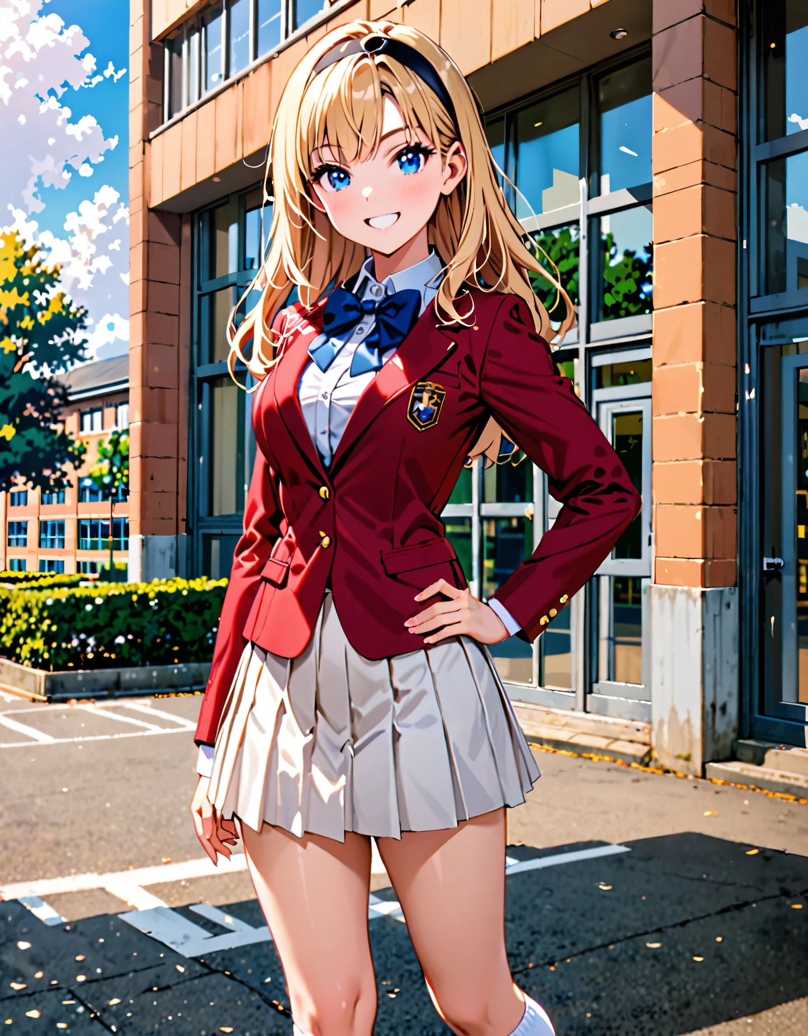 masterpiece, best quality, 1girl, high school girl, (bangs, blonde hair, armpit-length hair), ((black headband)), blue eyes, beautiful detailed eyes, beautiful detailed face, cute face, perfect hands, complete fingers, perfect anatomy, perfect proportions, (bow, bowtie. blue bowtie), full body, hand on hip, hands on hips, (red jacket), looking at viewer, (skirt, white skirt, pleated  skirt, miniskirt) shirt, white shirt, socks, white socks, brown shoes, solo, standing, school building backdrop, daytime,  smile, :d, solo focus, cowboy shot