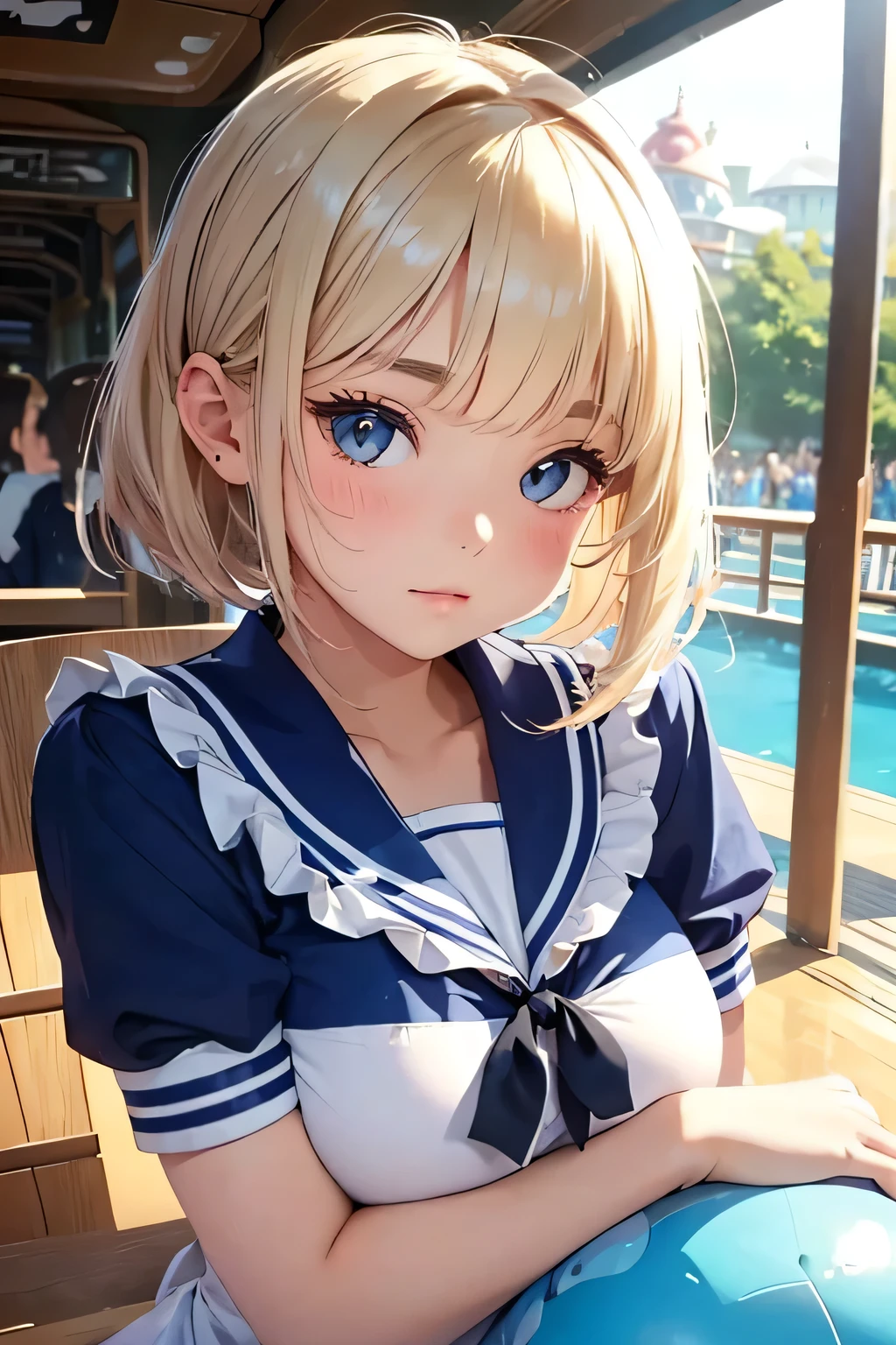 highest quality、High resolution、Detailed Background、(Beautiful face in every detail:1.4)、Anatomically correct、age beauty、well-groomed eyebrows、(Huge brea)、Perfect body line、Cute hair colour、Bobcut、ponytail、White Sailor One Piece、Fantasy、Attraction Park、amusement park、The animals can't help but feel at home、
A scene of a dog or cat curled up and sleeping on a passenger's lap inside a slowly rotating Ferris wheel.、The animals are sleeping peacefully inside the ferris wheel as it sways up and down、It might be cute to see a dog or cat riding on a roller coaster cart.、Animals desperately trying to sleep while supporting their bodies、A cat sleeping curled up on top of a horse-shaped object on a merry-go-round、Carefully recreate the expressions and gestures of animals