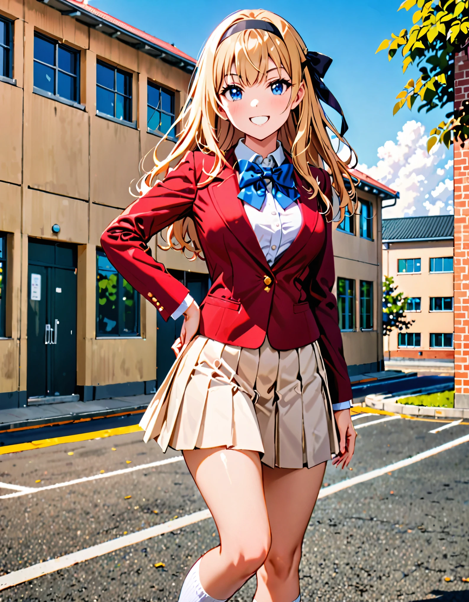 masterpiece, best quality, 1girl, high school girl, (bangs, blonde hair, armpit-length hair), ((black headband)), blue eyes, beautiful detailed eyes, beautiful detailed face, cute face, perfect hands, complete fingers, perfect anatomy, perfect proportions, (bow, bowtie. blue bowtie), full body, hand on hip, hands on hips, (red jacket), looking at viewer, (skirt, white skirt, pleated skirt, miniskirt) shirt, white shirt, socks, white socks, brown shoes, solo, standing, school building backdrop, daytime, smile, :d, solo focus, cowboy shot