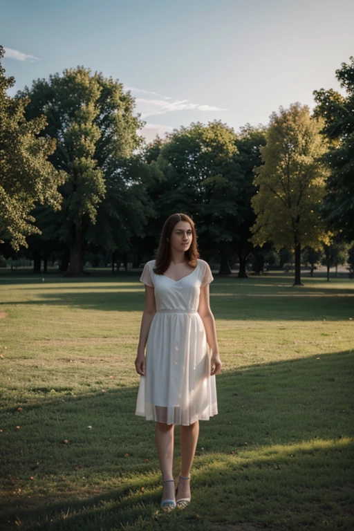 Masterpiece,, woman in dress, russian woman, russian photo, full body, average, at park, real life, natural lights and shadows, summer, white dress, body of 20-30 age old