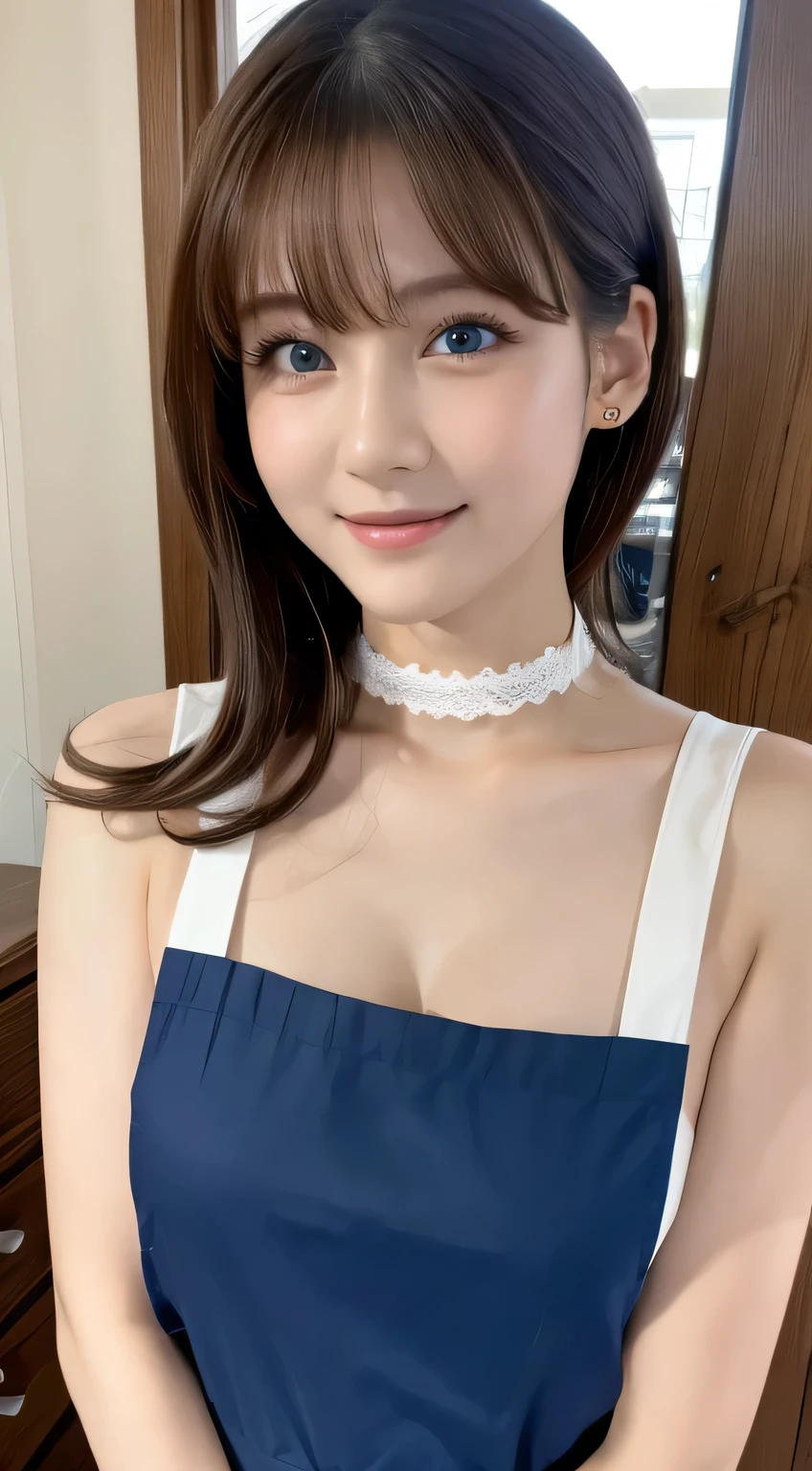 (highest quality, masterpiece:1.3, 超A high resolution), (Super detailed, Caustics), (Realistic:1.4,RAW shooting,)Ultra-Realistic Capture,Very detailed,High resolution 16k, Human skin close-up, The skin texture is natural, It must be detailed enough to be easily identifiable.。 Skin should look healthy and have an even tone。 Use natural light and color, forest, ((Naked Apron)), 1 girl, Japanese, 18-year-old, cute, Medium Hair, Big Breasts, smile, Turn your body forward, (View from the front:1.1), Looking into the camera, (Cowboy Shot), focused on the chest, Brown Hair, Black choker, So many long eyelashes, blue eyes, bangs, ((Mountain, blue sky, Mountain Road))