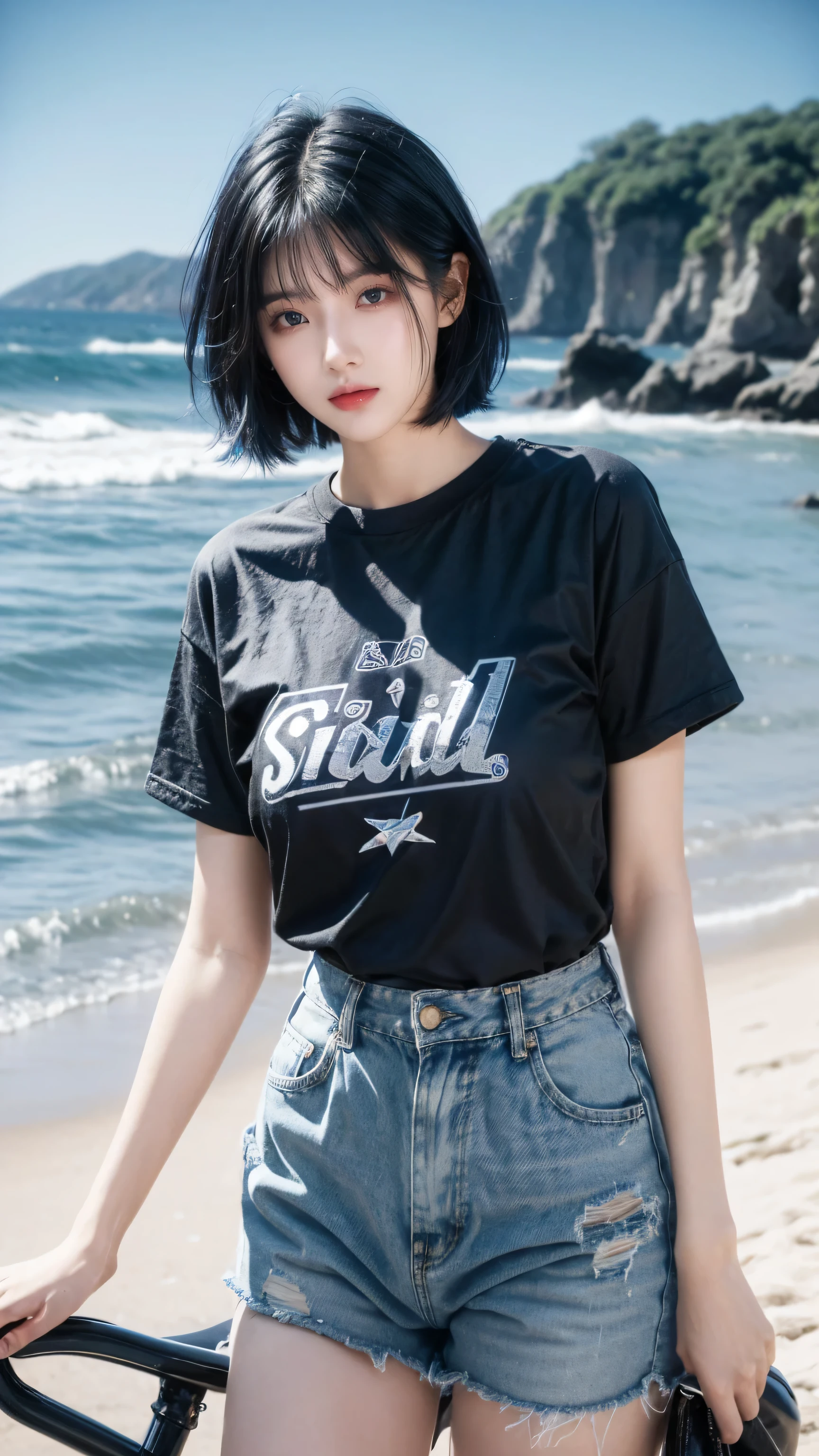 best quality, 1 Girl, dark blue hair, black eyes, Very short hair, Spiky hair, blue and white oversize t-shirt, High waist short, 171 cm, Messy hair, Hair between the eyes, Medium breasts, full, Tomboy, aldult, 20 years old, 1 Girl near blue motorcycle at the beach
