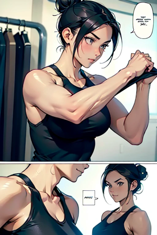 Girl with black hair in a bun working out, manga page with panels and dialogue