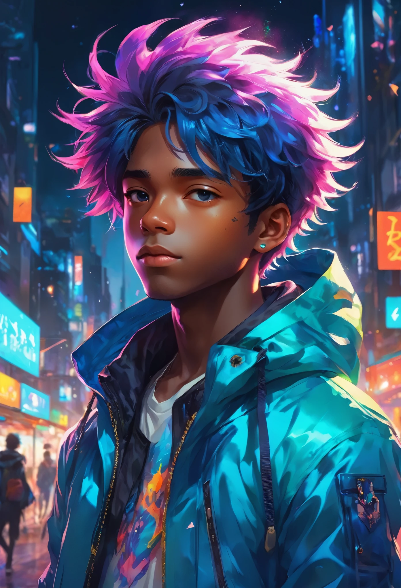 a black  boy with a bright hair and a blue jacket looks at the camera, inspired by Yuumei, digital anime art, colorful digital painting, rossdraws cartoon vibrant, anime style 4 k, black boy  alice x. zhang, by Yuumei, digital anime illustration, beautiful anime portrait, vibrant digital painting, detailed digital anime art, anime digital art