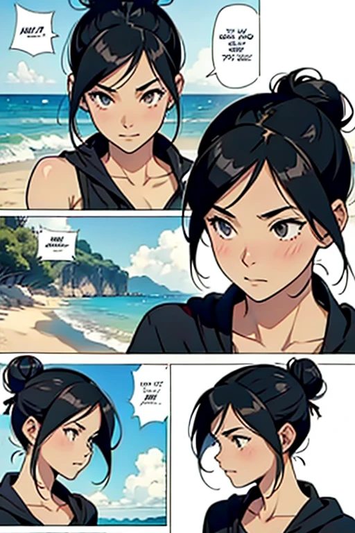 Girl with black hair in a bun swimming, manga page with panels and dialogue