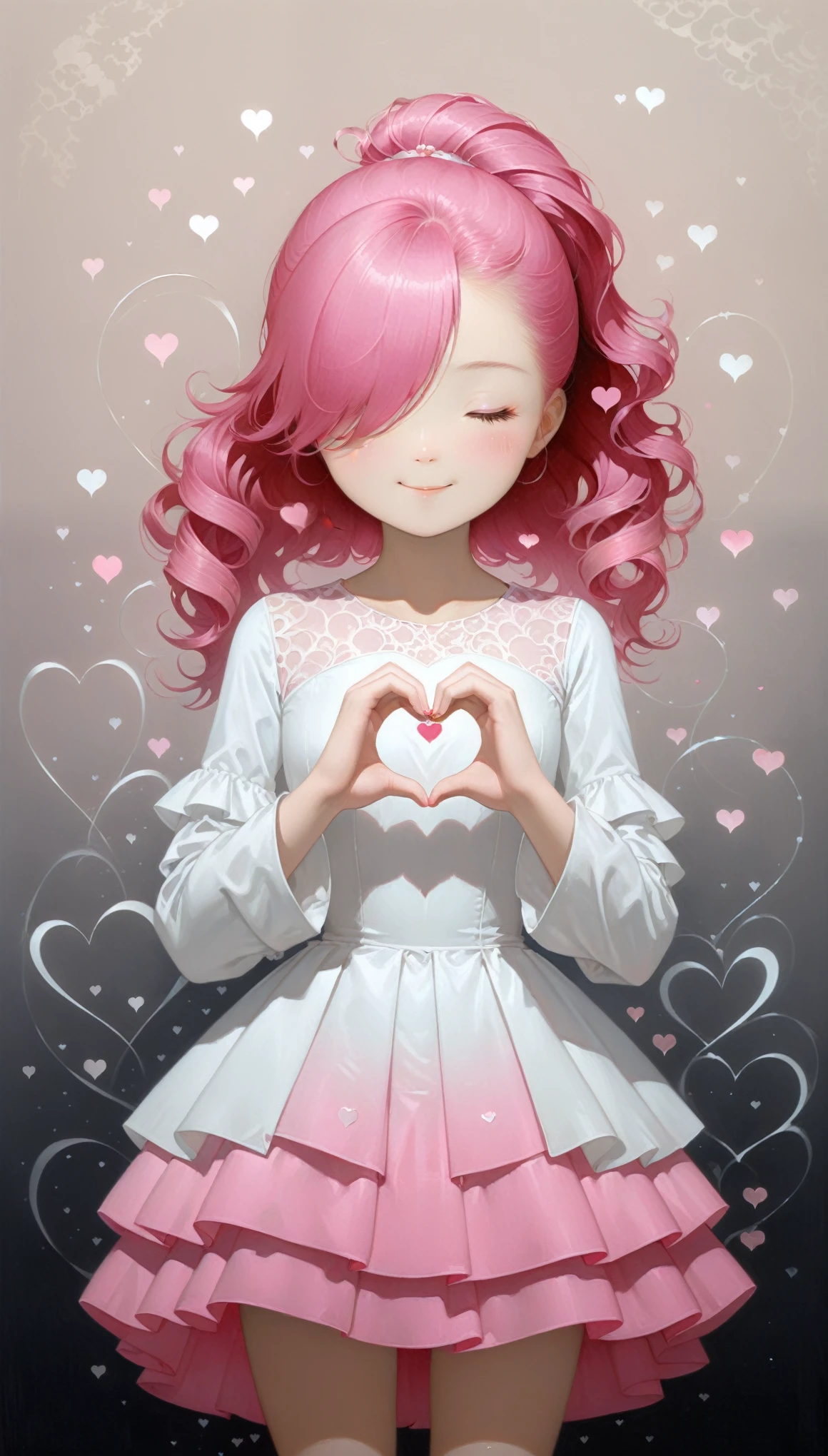(in style of Jeffrey Catherine Jones,:1.0),(in style of by Liu Ye:0.9),
cowboy_shot,(1 girl solo:1.1),Heart,(heartbeat:1.1),multi-layered long-sleeved dress,((pink) to white gradient) flower paper cut layer,
BREAK
dark_background,reflective fabrics,(gradient clothes:1.2),(heart hands:1.3),(hair over one eye:1.6),drill hair,Side ponytail,laughing,(blush:1.3),