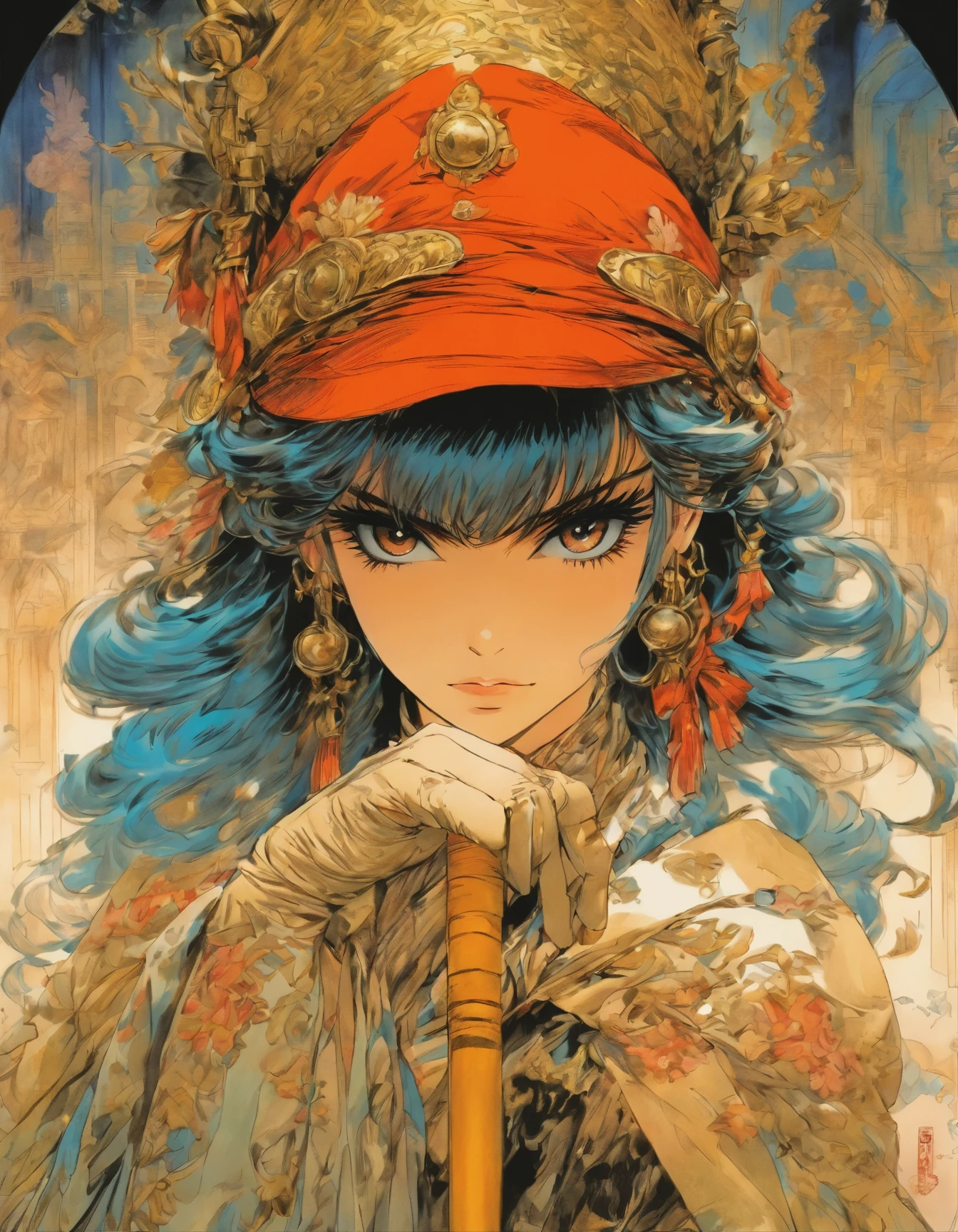 drawing of a woman in a costume with a hat and a cane, a manga drawing by Junpei Satoh, pixiv, gothic art, pencil and ink manga drawing, beautiful line art, pencil and ink manga, style of masamune shirow, by shirow masamune, ink manga drawing, highly detailed exquisite fanart, intricate manga drawing