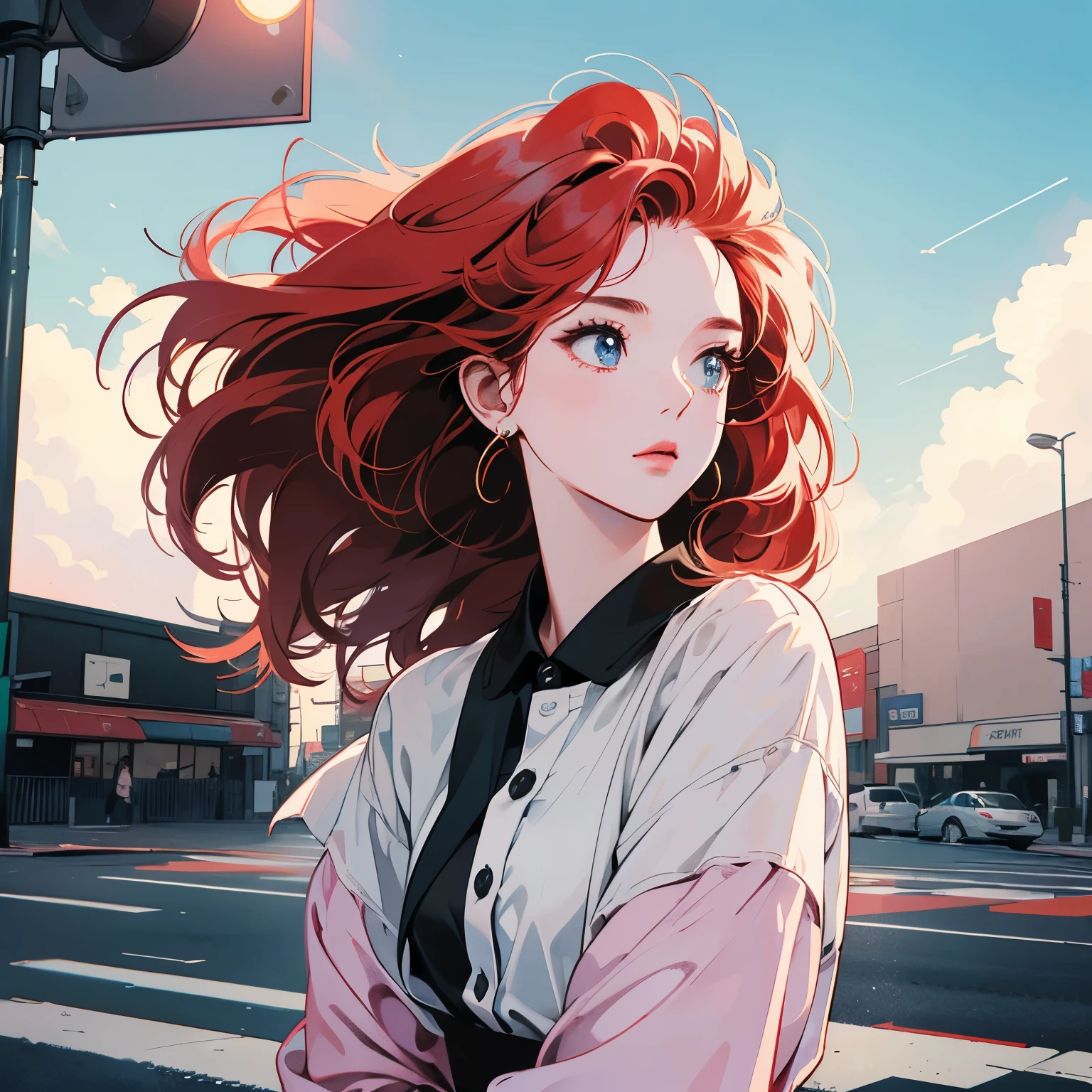 Upper Body、From below、One beautiful woman、4K、shirt、pedestrian crossing、Signal、intersection、Complex background、Fine hair、pale red hair、Faint lighting、The wind is blowing、Clear Eyes、mysterious