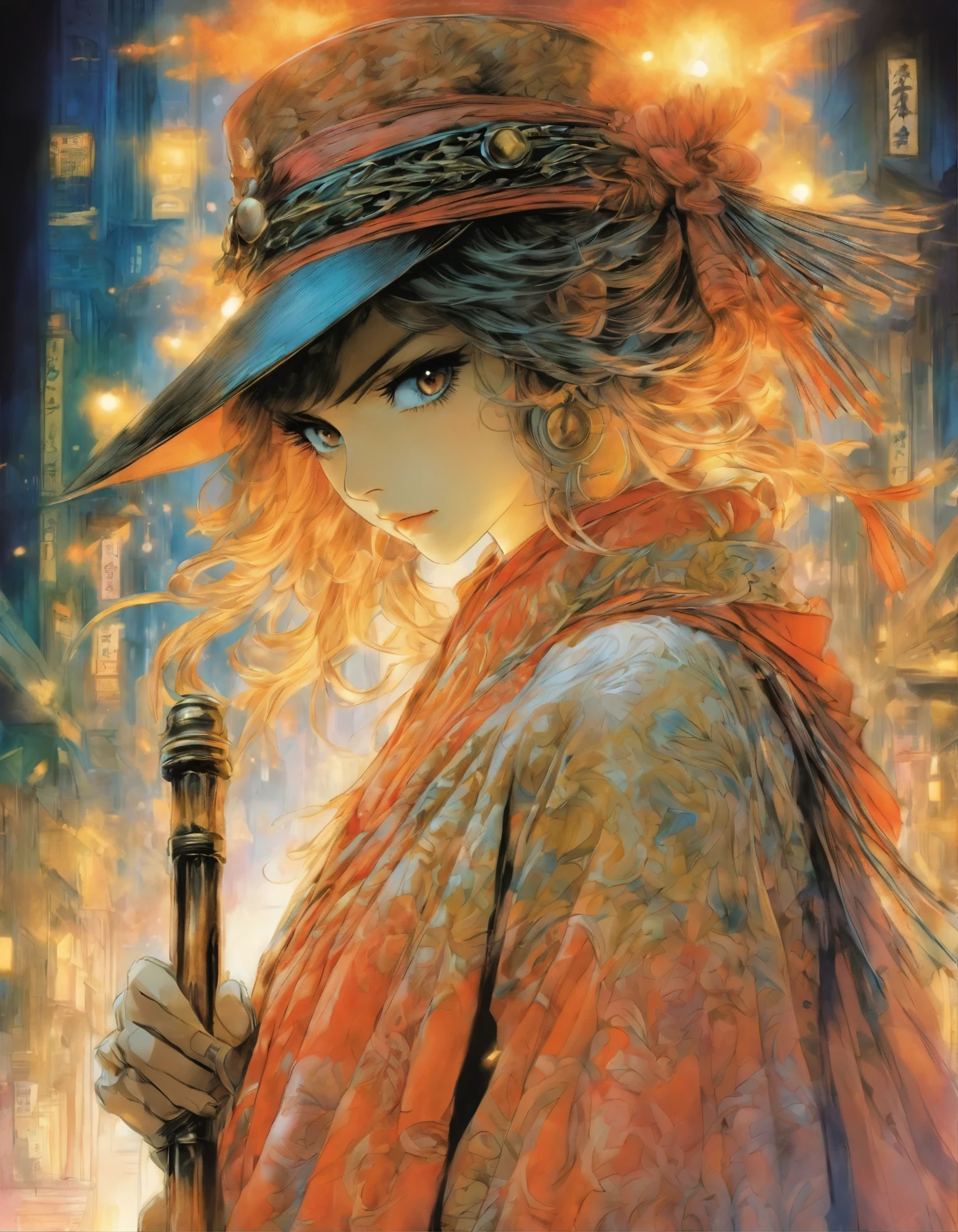 drawing of a woman in a costume with a hat and a cane, a manga drawing by Junpei Satoh, pixiv, gothic art, pencil and ink manga drawing, beautiful line art, pencil and ink manga, style of masamune shirow, by shirow masamune, ink manga drawing, highly detailed exquisite fanart, intricate manga drawing
