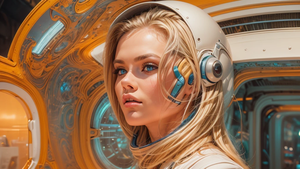 arafed image of a white woman in a futuristic suit with a spaceship in the background, movie art, in front of an orange background, inspired by Robert McGinnis, female protagonist, megastructure in the background, portrait of an ai astronaut, astronauts, an astronaut, portrait of a astronaut skeletor, perfect android girl, detailed eyes, perfectly detailed teeth, frank franzzeta and sakimichan  