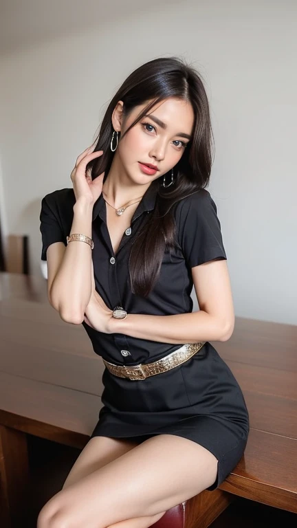 (8ก, high resolution,Masterpiece, best quality, alone, complicated details, Chromatic aberration), realistic, hair in one eye, big round hoop earrings, Diamond choker, Gold Necklace, silver necklace, small watch, bangle, bracelet, bangleข้อเท้า, waist necklace, (symmetrical eyes),(Perfect symmetrical body), (Photo of a beautiful teenage girl of 24 years old), Beautiful and charming with contemporary fashion paintings as well..., looking at the audience, ((Behind the main bedroom)), (black short skirt), (((Wear a blue shirt over it..., ((white short sleeve, เสื้อopen chest), ((เปิดเสื้อโชว์small breastsน้อย, no bra,)), (open chest), (Sagging breasts.))), (()), (Long square leather belt buckle), ((Put your hands down.)), (Bob, medium length hair, pinch, Side flatness, golden hair, (There is a thin layer of hair covering the face...)), Beautiful eyebrows, sharp eyeliner, eyelid, Blush, have thick eyelashes, sharp eyes, purple eyes, pink cheeks, Very delicate and beautiful, round chin, Sharp focus, elegant, red lips, Thin mouth, (Open your legs on the study table...), (Sit facing out and looking at the camera...), (Open your legs and lift your right leg over your left leg...), (), It&#39;s an attractive example., (Sagging breasts),black skin, ((small breasts)), Beautiful eyebrows, red lips, Thin mouth
