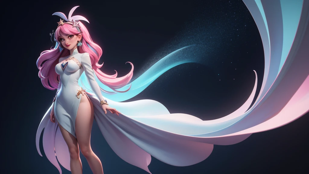 ((best quality)), ((masterpiece)), (detailed), 完美Body,Best body shape,best quality, masterpiece, High resolution, 1 Girl,blush,(Charming smile:0.8),Star-shaped pupil,Dress,Hair accessories,,Pretty Face,Above_Body, ,Full breasts,Complete,Tyndall effect,Reality, Dark Studio, Edge lighting, Two-tone lighting,(High Detail Skin:1.2), 8K uhd, Digital SLR Camera,Wide Angle,Third person perspective,Full body shot, soft light, high quality, Volumetric Lighting, frank, photo, high resolution, 4k, 8K, Bokeh,huge ,Wide hips,(National Foundation:0.6),