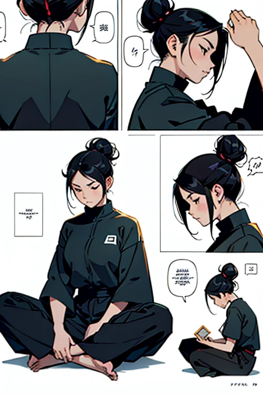 Girl with black hair in a bun meditating, manga page with panels and dialogue