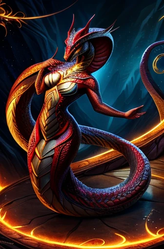  cobra, whole body, female, leg, legless большой бюст, sexual, Fluffy body, detailed scales, red scales, spectacular pose, seductive look, fantasy art style, sparkling eyes, Twisted tail, a high resolution, masterful blows, Complex patterns