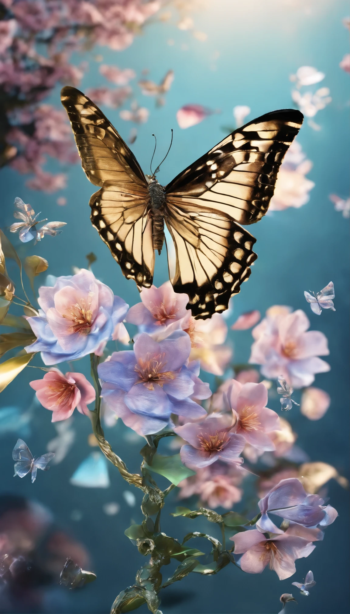 The background is greenblue,moon light,All expressed with jewels, the arrival of spring, various beautiful cherryblossoms
, Beautiful lapis lazuli swallowtail butterfly,angles looking up from below, various jewels falling from the sky, wonderful and beautiful superb view, slightly hazy, fantastic, high resolution, 8K, (best quality, highres, realistic:1.37), shiny metallic flowers, intricate and delicate petals, reflective surfaces, vibrant colors, intricate details, close-up view, surreal garden, surreal beauty, dreamy atmosphere, fine art, abstract botanicals, metallic sculpture, contrasting textures, ethereal glow
