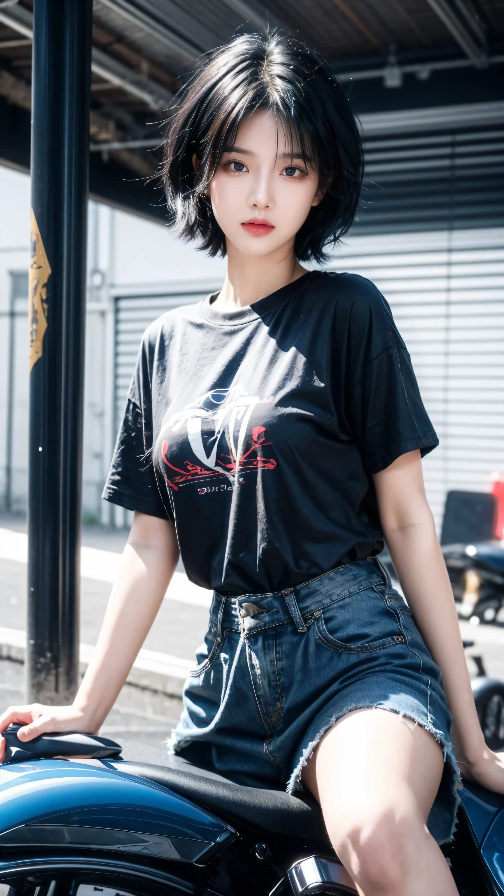 best quality, 1 Girl, dark blue hair, black eyes, Very short hair, Spiky hair, blue light oversize t-shirt, High waist short, 171 cm, Messy hair, Hair between the eyes, Medium breasts, full, Tomboy, aldult, 20 years old, 1 Girl near light blue motorcycle