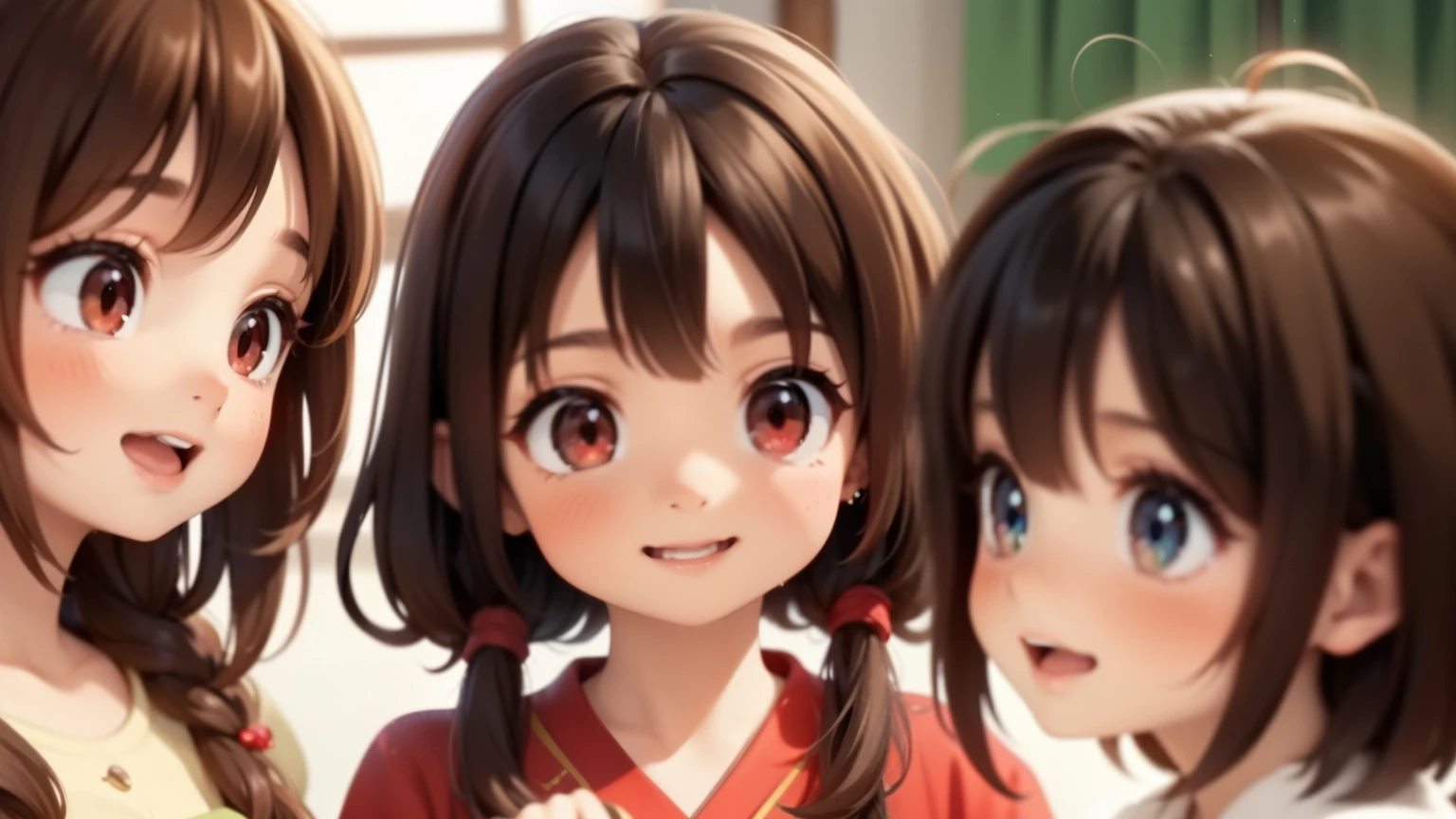 Megumin has black hair, red eyes) with her three teenage daughters Esmeralda, Ariarose and Ruby: Esmeralda has brown hair, red eyes). Ruby has red hair, green eyes), AriaRose has black hair, blue eyes)