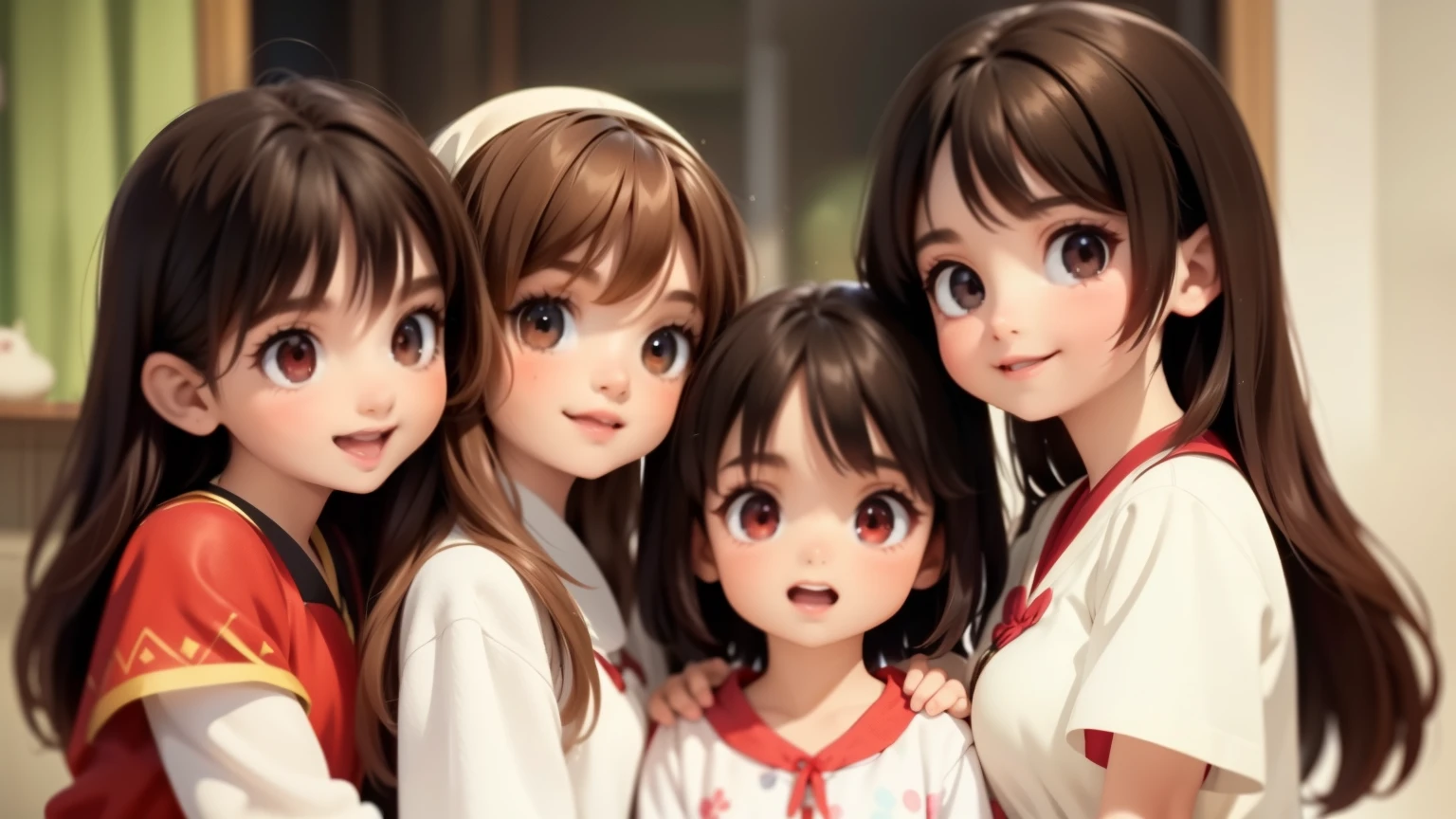 Megumin has black hair, red eyes) with her three teenage daughters Esmeralda, Ariarose and Ruby: Esmeralda has brown hair, red eyes). Ruby has red hair, green eyes), AriaRose has black hair, blue eyes)