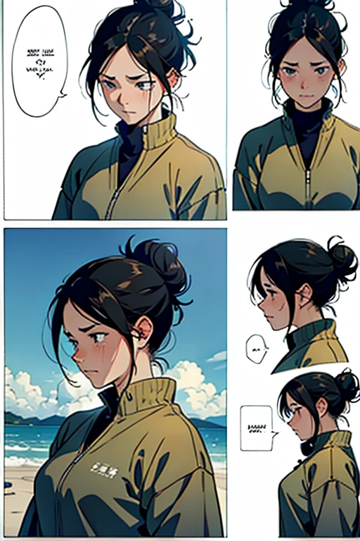 Girl with black hair in a bun crying with tears, manga page with panels and dialogue