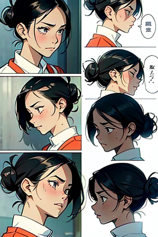 Girl with black hair in a bun crying with tears, manga page with panels and dialogue 