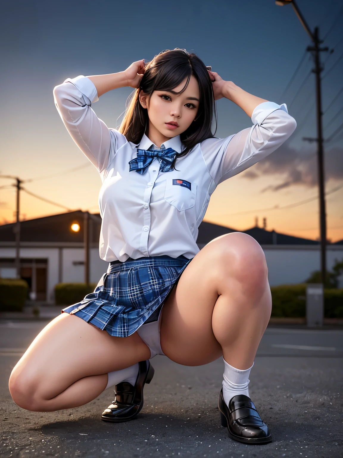 (highest quality, 8k, High resolution, Realistic:2.0), (alone, One Girl:2.0),(Lighting: strong),(Lighting: front),(Very muscular girl:1.5),(Bodybuilder girl:1.5),(Crouching on one knee、Spread your legs.:1.5),(Raise your arms behind your head:1.5),(Black Loafers),(school uniform),(White collar shirt),(Long sleeve shirt),((Red ribbon bow tie)),(White socks),(Blue plaid skirt),(Blue pleated mini skirt),(Wearing white panties),(Japanese schoolgirl),High school location,((Very beautiful girl))
