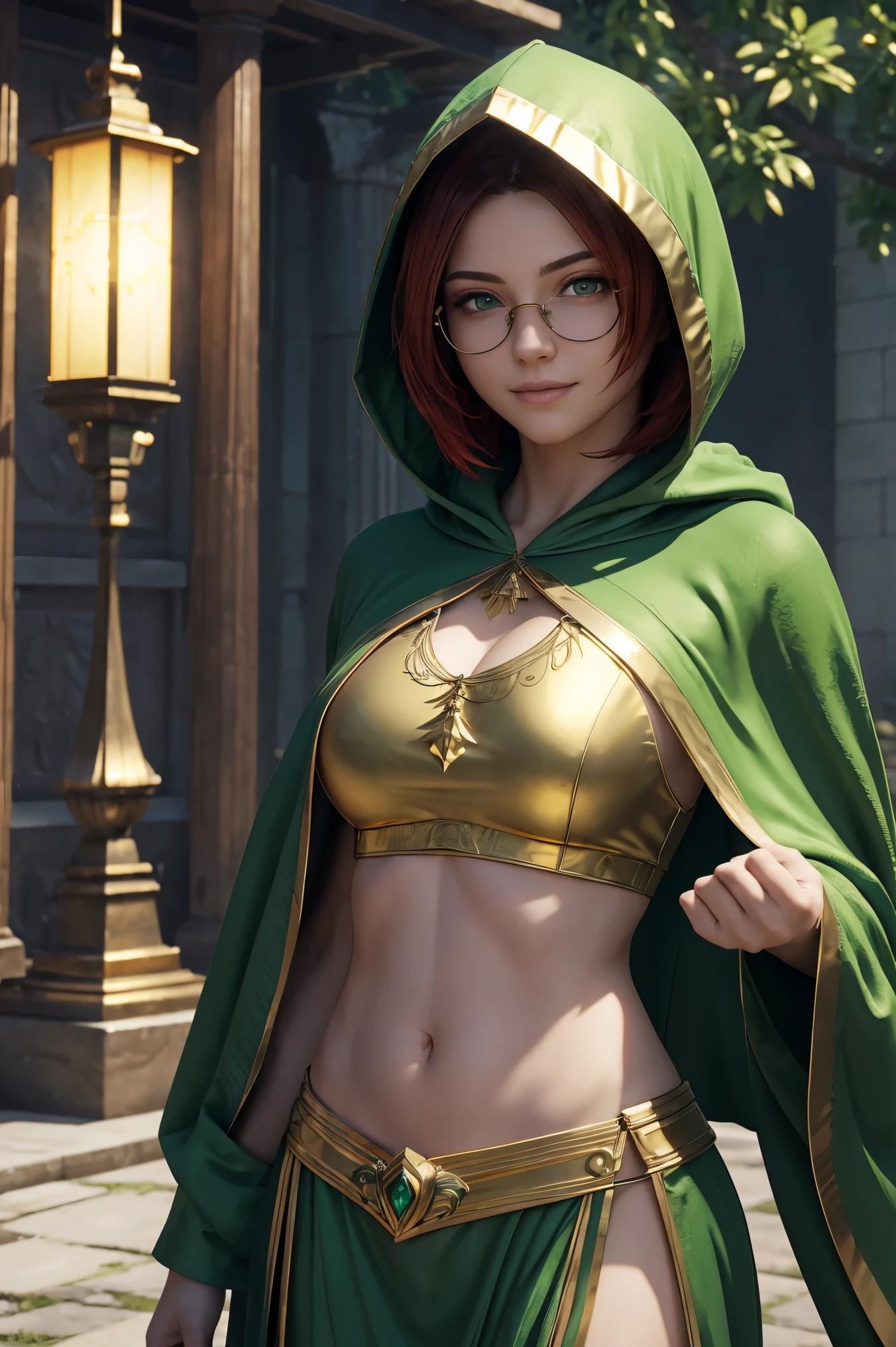 (masterpiece, top quality, Best quality, official art, Beautiful and aesthetically pleasing:1.2),whole body, 1 Smiling girl, a priestess, short red hair, green eyes, wire frame glasses, , split, (green revealing robe, gold trim), (Green hood:1.2), extremely detailed, Colorful, perfect face, Upper body, HDR, (Light Stripes), stunning visual effects, bright colors, temple background. Photorealism. Unreal engine. 3D model. Ultra high quality textures