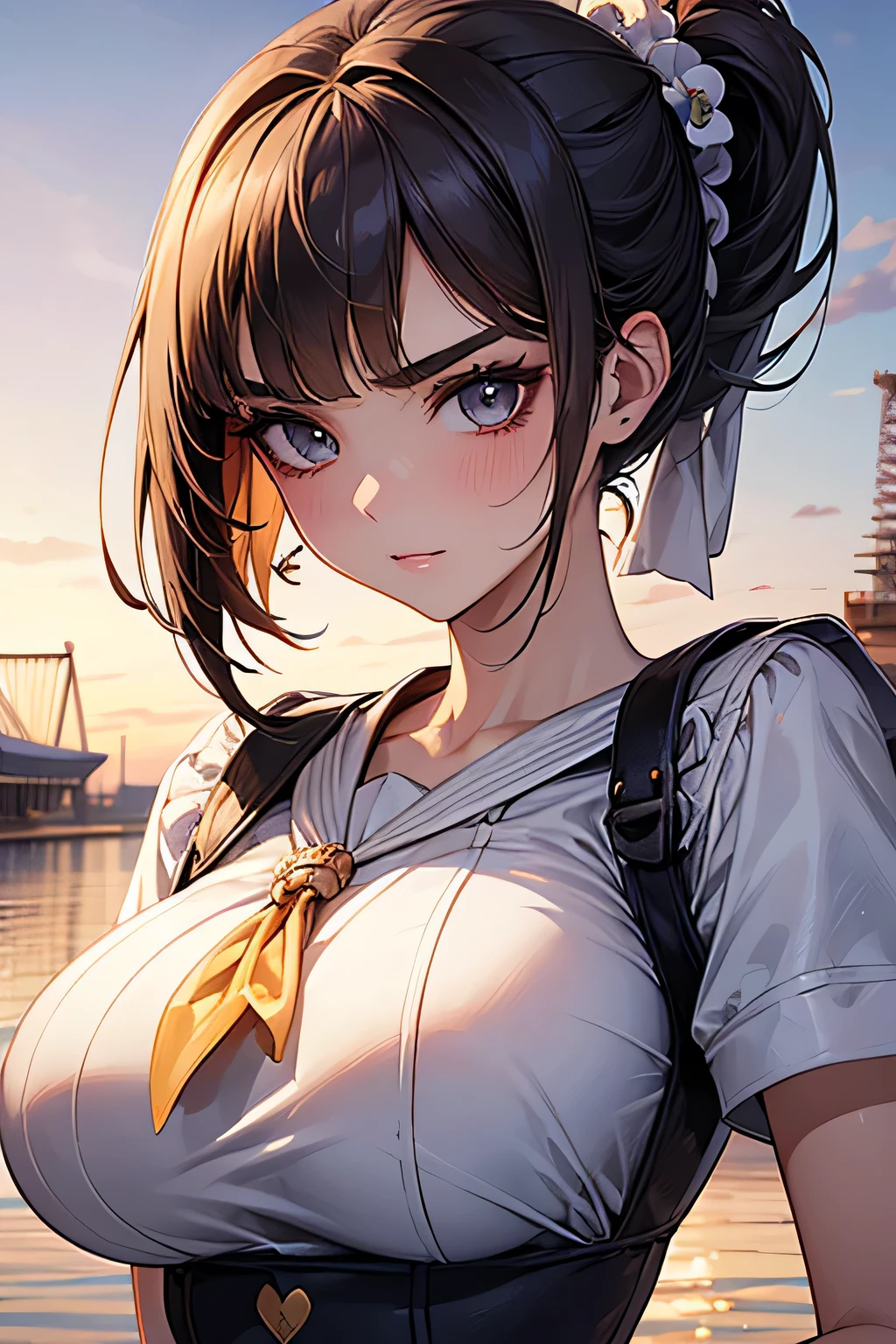highest quality、High resolution、Detailed Background、(Beautiful face in every detail:1.4)、Anatomically correct、Teenage beauty、well-groomed eyebrows、(Huge breasts:1.1)、Perfect body line、cute hair color、Bobcut、ponytail、White Sailor One Piece、Attraction Park、amusement park、The animals can't help but feel at home、A dog or cat sleeps curled up on a passenger's lap as the wheel slowly rotates.、A cat is curled up and sleeping on top of a horse-shaped object on a merry-go-round、Carefully recreate the expressions and gestures of animals、A big smile、cute