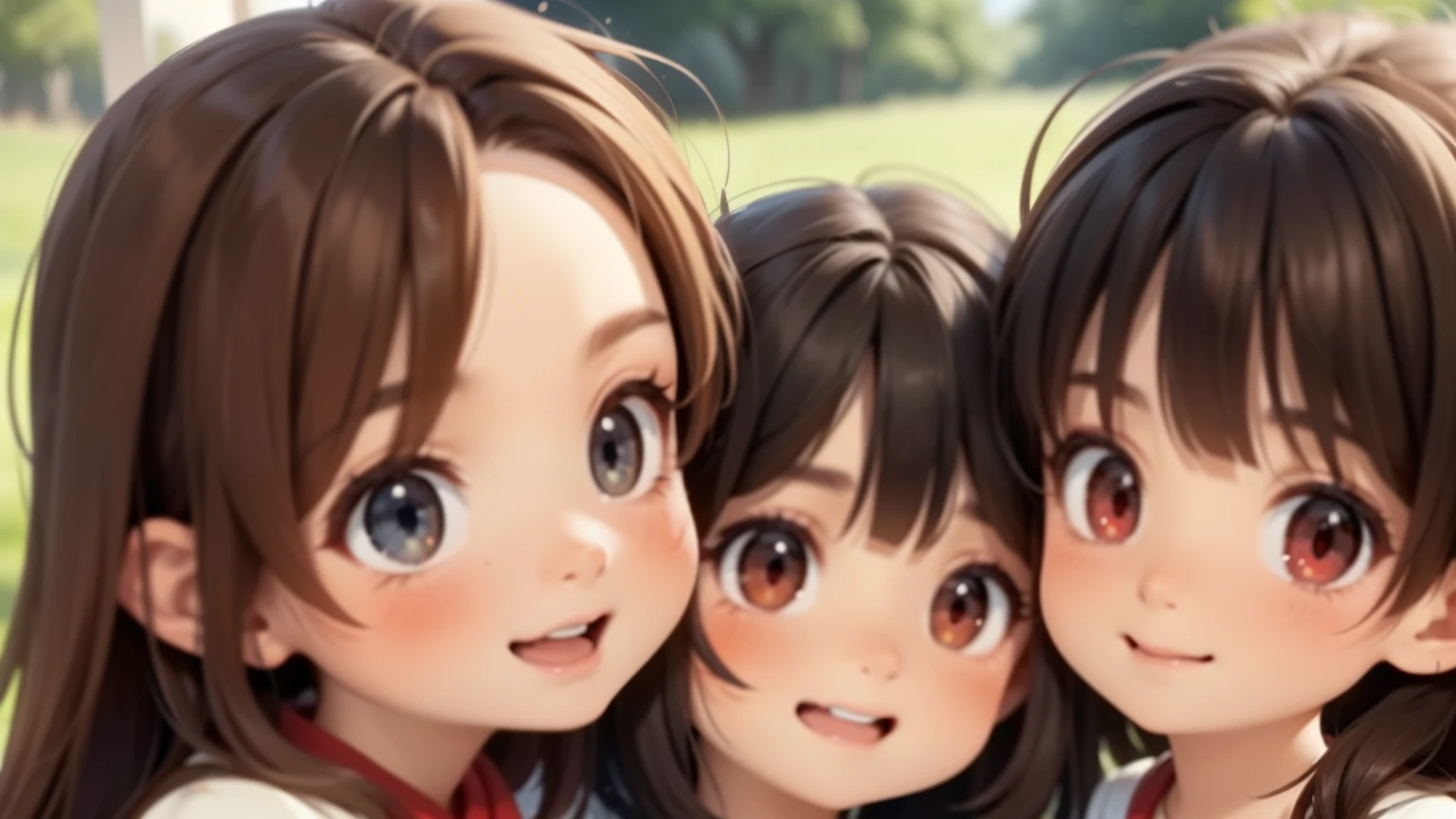 Megumin has black hair, red eyes) with her three teenage daughters Esmeralda, Ariarose and Ruby: Esmeralda has brown hair, red eyes). Ruby has red hair, green eyes), AriaRose has black hair, blue eyes)