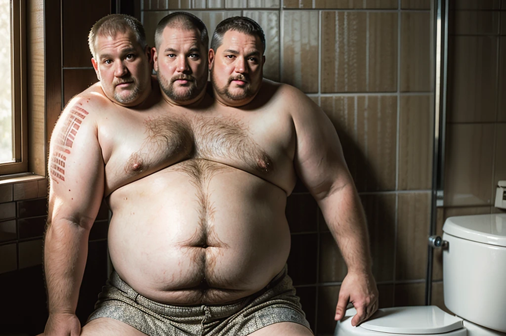 (((2heads))), solo, ((((larry the cable guy)))), middle aged, male, short graying hair, (((obese, overweight, fat, chubby, heavy, dadbod))), ((nude)), epic realistic, hdr, intricate, highly detailed, (depth of field:1.4), faded, (neutral colors:1.2), (hdr:1.4), (muted colors:1.2), hyperdetailed, (artstation:1.4), cinematic, (intricate details:1.1), dirty bathroom scenery, (rutkowski:0.66), (intricate details) (skin texture:1.2), detailed expressions, natural pose, sitting on toilet, upper body portrait