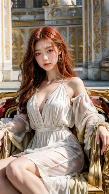 8k, highest quality, live camera, best quality, 1 girl, ((Sitting in the luxurious chair in Palace of Versailles:1.5)), ((Palace of Versailles:1)) , frente, ((black eyes)), (((perfect eye))), (((redhead))), (European princess long dress), in a stunning setting, ((Palace of Versailles in background)), beautiful city, film de tarde, live lighting, cores vivas, (((no cars))), ((morning)), (bright smile:1)