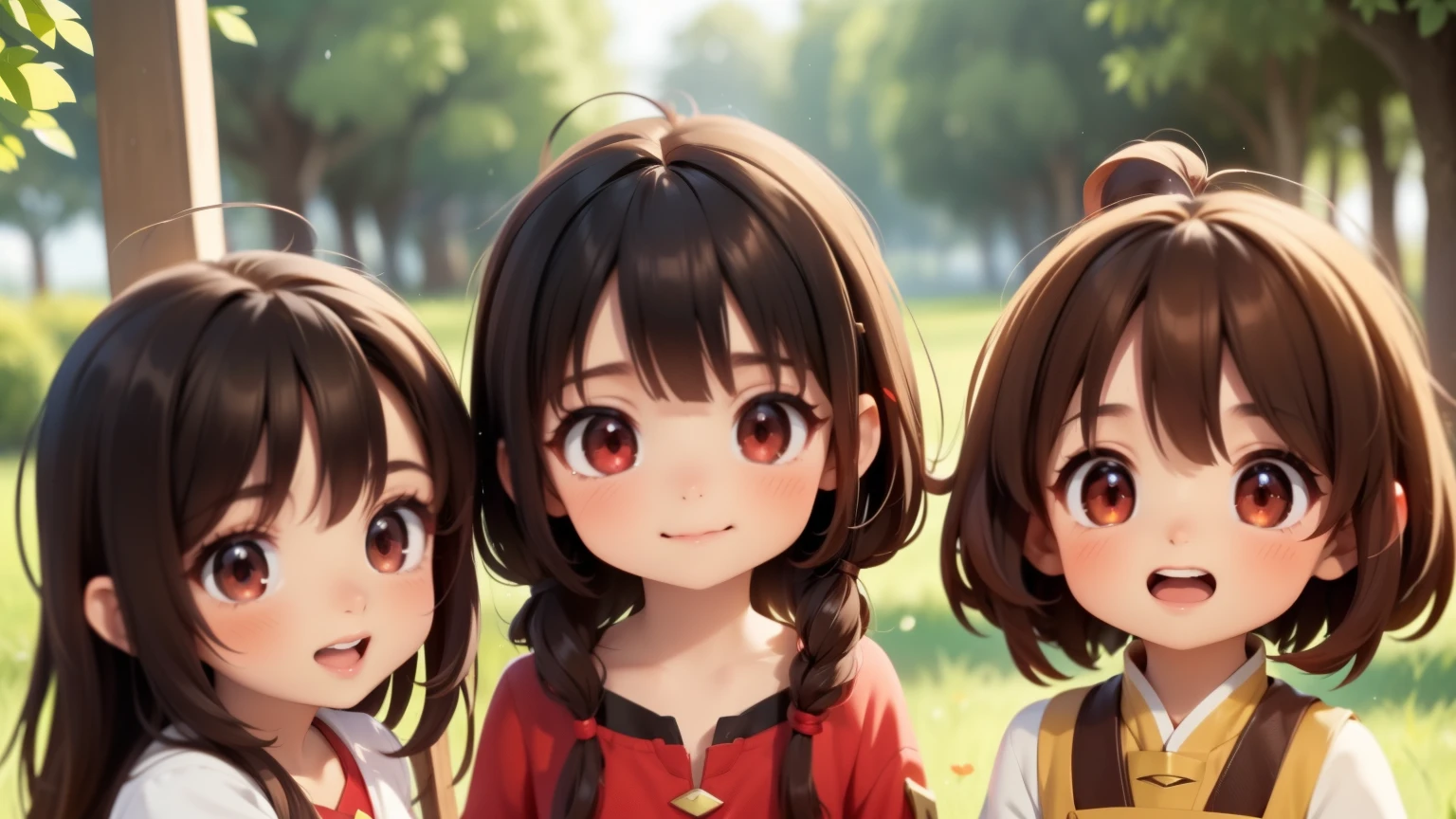 Archmage Megumin (Megumin have black hair, red Eyes) with her 3 teenage daughters apprentice archimages Esmeralda have brown hair , red eyes, Ruby have Red Hair, green eyes , AriaRose have Black hair, blu eyes, and othes apprentices
