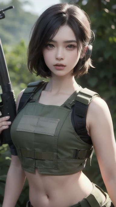 a woman in a white outfit holding a rifle and wearing headphones, 24-year-old woman, Filipino woman, tan bronze skin, soldier girl, mechanized soldier girl, military girl, beautiful female soldier, female lead character, infantry girl, of a sniper girl in war, solo female character, future combat gear, close up half body shot, Women in crop top military bulletproof vest, ((showing navel)), exposed abdomen area, quiet from metal gear solid v, wearing tactical gear, dressed in tactical armor, 