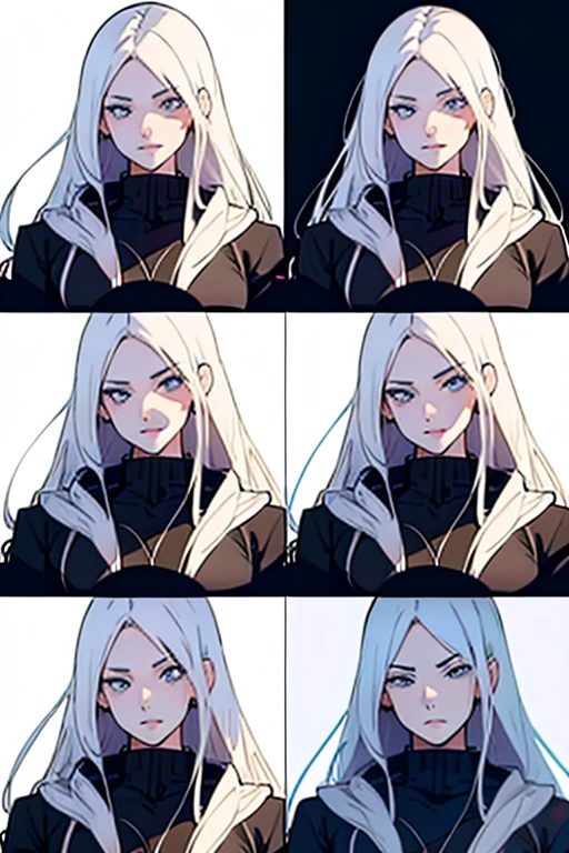 Girl with long white hair sexy poses, manga page with panels and dialogue 