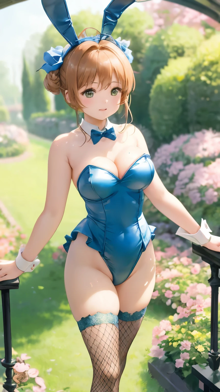 Delicate Composition, hyper detailed, best quality, blurry foreground, dynamic view, 1 girl, (seductive smile:0.6), solo, large breasts, hair in takes, beautiful detailed garden, fluttered detailed petal, grow, bunny ears, detached collar, strapless leotard, wrist cuffs, fishnet tights, kinomoto sakura, standing, curtsey