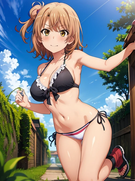 ((masutepiece, Best Quality, hight resolution, nffsw, Perfect Pixel, depth of fields, 4K, )), 1girl in, Solo, , Beautiful anime girl, Beautiful Art Style,
jumping:1.3, garden, Looking at viewer.
Perfect body, smug face, tilted forward:1.5, undress panties:1.5, lift panties:1.5,
isshiki iroha, large breasts, Full face blush, bikini:1.5,
straight on:1.3, medium shot