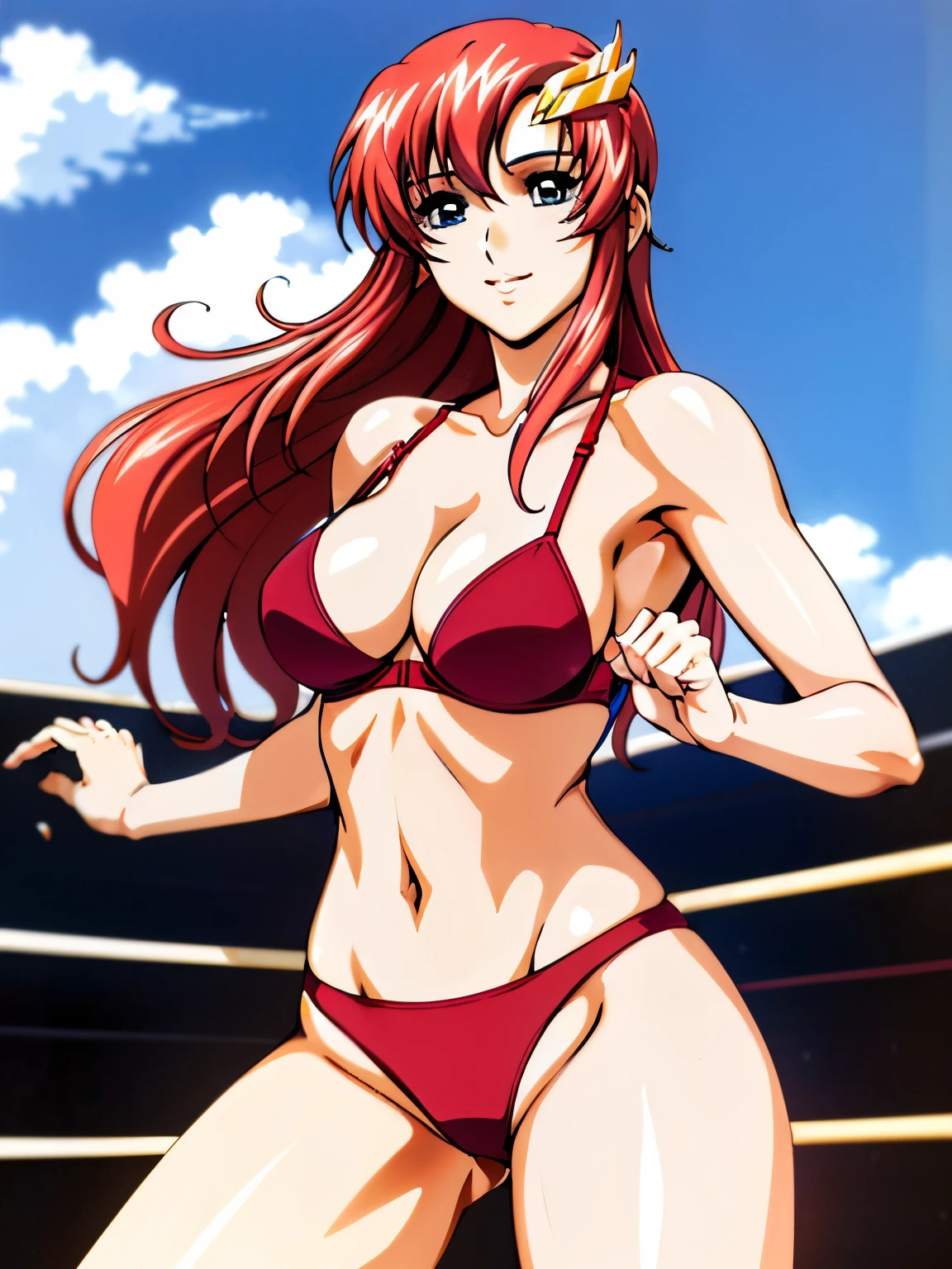 lacus4, (red bikini, running, thong, thin girl, masterpiece, cowboy shot, very slim shoulders, 4K, Best Quality, Anime style: 1.9, happy, Adult Woman, (ultra detailed head), (wrestling arena with crowd, cloud background), Drawing lines, high resolution, lacus4), 1girl, Solo, curvy figure, Long hair, clavicle, scapular, (Detailed wide hair bangs, Hair Ornament, Detailed reddish-pink hair, shiny streaks, slim arms, detailed golden crest), cleavage, large hands, (hair cover shoulders). (Big blue eyes, shiny eyes), ((female wrestler, (slim body), slim arms, closed fists, thighs)), ((perfect proportions, medium size breasts, medium thighs, long belly)), ((totally red bra)), smile with a wink, (standing, hot colors), detailed fingers, (bare shoulders)