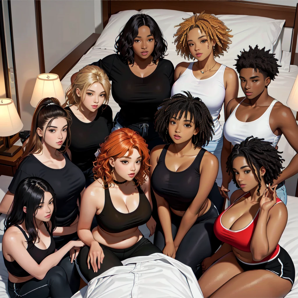 (A single black man laying on his back, in-bed wearing shorts, in-center of composition) A diverse group of five young adult Americans, representing different ethnicities and characteristics, wearing yoga-pants and tank-tops, displays their unique beauty with perfect bodies, large breasts, wide thicc-hips, Among them, there are blonde young adult girls with auburn hair, emanating an air of natural elegance. Brown young adult girls with silky locks and a captivating sheen show off their exotic beauty. Also present are black young adult girls with stunning curly hair, highlighting their authenticity and cultural pride, (the women surround a singular BLACK MAN with short-hair, from all sides) (in a bed) the women kiss the singular Black Man, touch the singular Black man, masterpiece, high details, high quality, best quality.