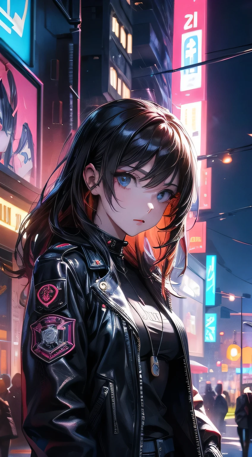 Portrait of Enhys, Pretty face, Cyberpunk city at night. She was wearing a leather jacket,underwear, Black jeans, Dramatic lighting, (badge:1.2).