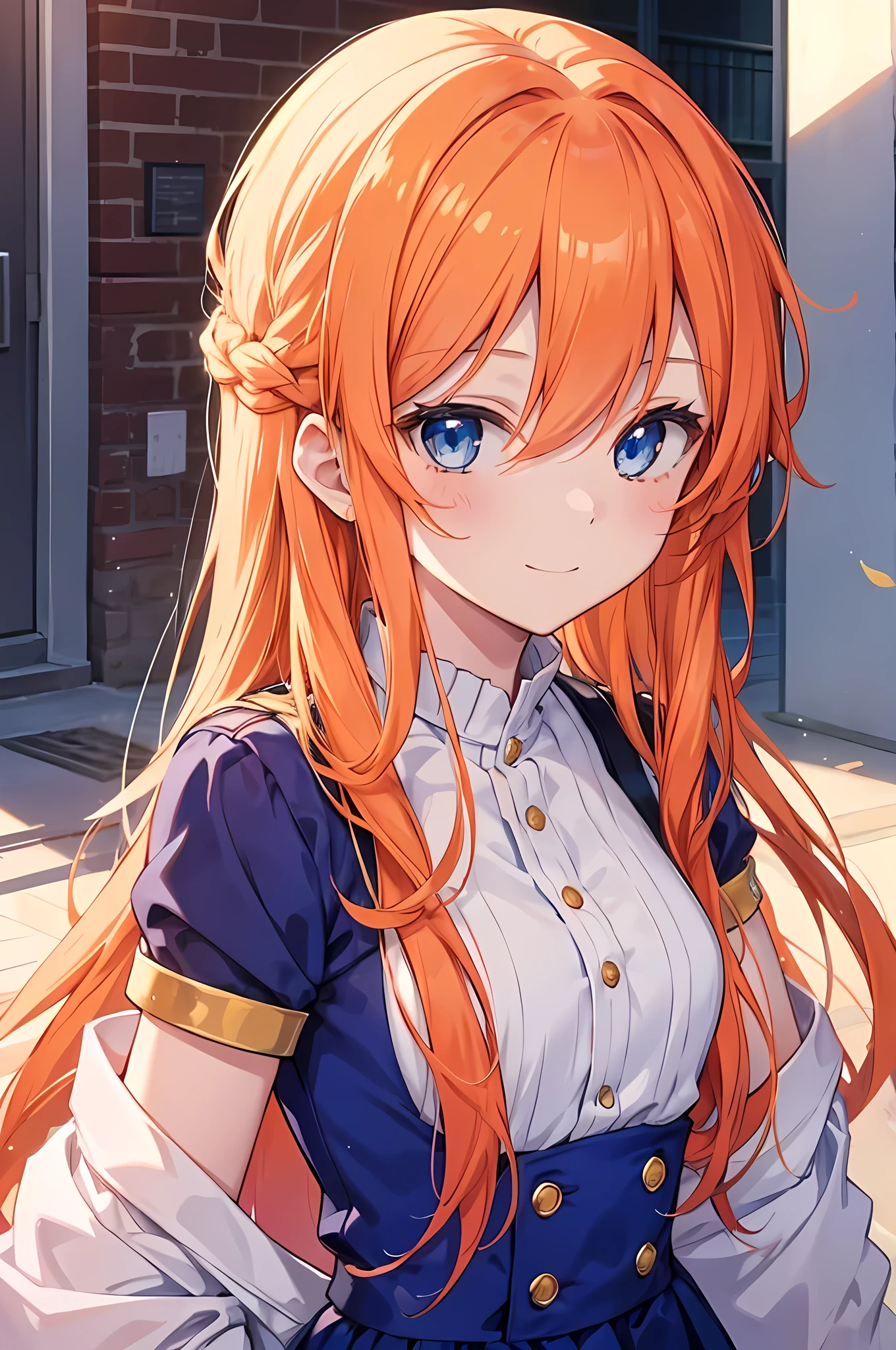 Young girl, yumenosaki high , orange long hair, blue eyes, smile face