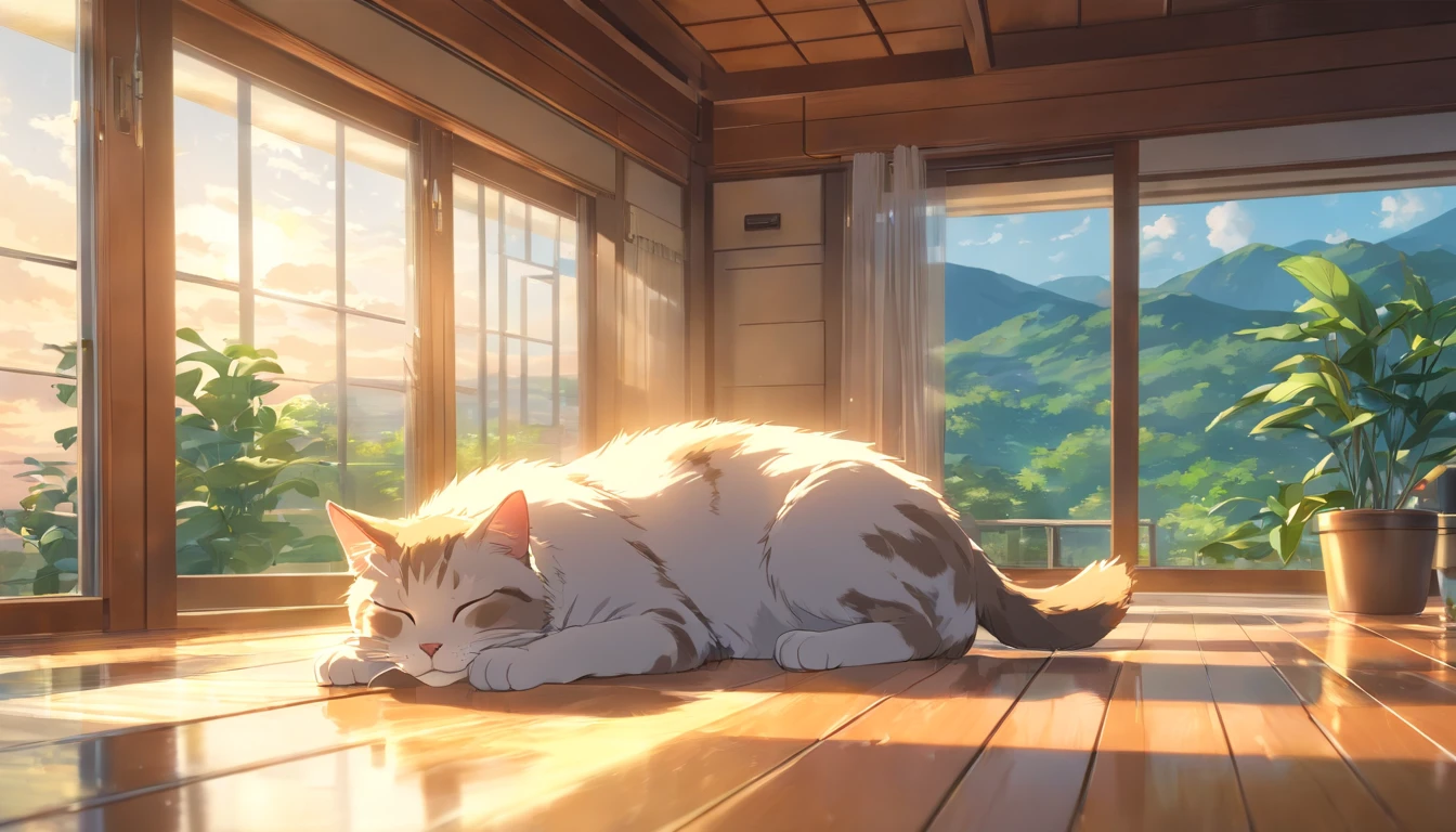 Cat sleeping in a big room, Glass House, Wide landscape,(highest quality,4K,8k,High resolution,masterpiece:1.2),Super detailed,(Realist,photo Realist,photo Realist:1.37),Detailed eyes,Detailed lips