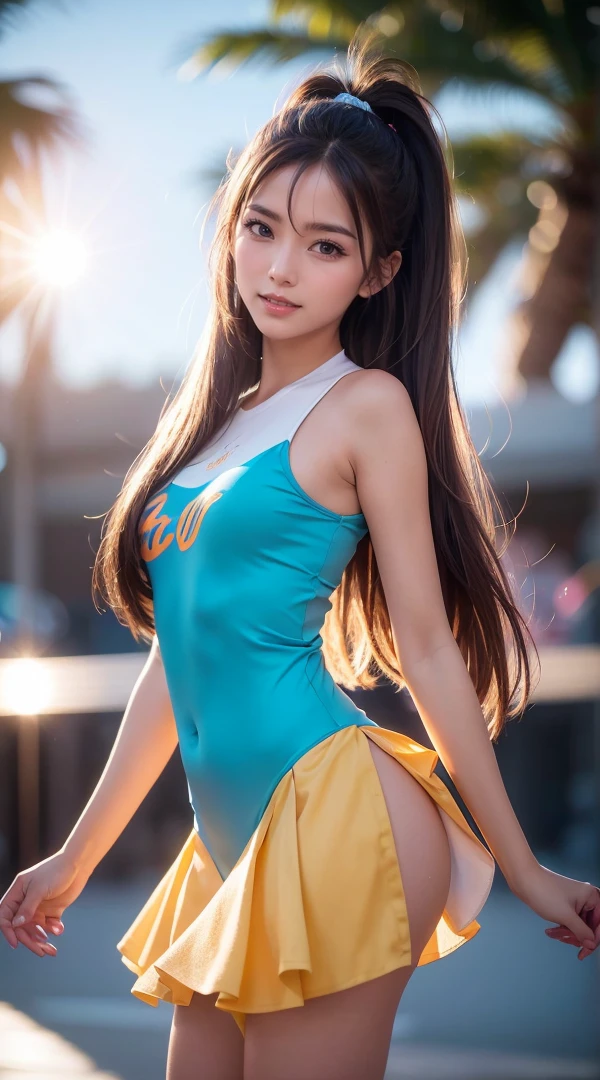 {
  "subject": "Full-body of a young, cute Chinese and Asian girlface mix, cute face and smile.",
  "features": [
    {"hair": "(((brown long hair:1.2)))"},
    {"eyes": "((black vibrant detailed eyes))"},
    ((({"smile": "Eye smile and face smile, beautiful smile."})))
  ],
  "background": "City landscape background with vibrant neon colors.",
  "outfit": "Future style dress as if living in the year 3000. Showcasing a very futuristic look; not a robotic suit but a highly advanced and stylish futuristic dress.",
  "equipment": [
    "Use RED Helium 8K S35, 50mm prime lens.",
    {"lens_flares": "((anamorphic lens flares:1.3)) (blue and orange)."},
    {"aperture": "Wide aperture (f/1.4), circular bokeh, slight chromatic aberration."},
    {"color_grading": "((teal and orange color grading)). Warmer highlights, cooler shadows, increased contrast, increased saturation."}
  ],
  "focus": "Shallow depth of field, sharp subject focus, blurred background, subtle film grain, vignetting, slight motion blur on background elements.",
  "lighting": "Soft diffused key light at 45-degree angle, fill light, rim light.",
  "description": [
    "Young cute girlface mix.",
    "Big round eyes, small button nose, pouty lips, delicate features, soft smooth skin, slender and tall figure.",
    "Playful and innocent expression, charming and endearing smile, gentle graceful posture, vibrant lively aura, kawaii aesthetics, trendy futuristic hairstyle."((brightest smile))
  ]
}
