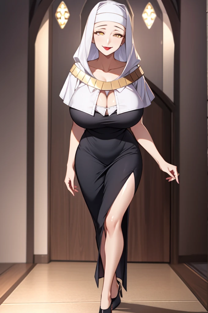 (masterpiece:1.2), aesthetic, best quality, high resolution, unity 8k wallpaper, (illustration), extremely detailed face, perfect lighting, extremely detailed CG, (beautiful detailed eyes:1.2), 1girl, solo, KIARA, nun, habit, Double eyelids, golden eyes, beautiful nose, beautiful nostrils, dark red lipstick, black dress, standing, slender, curvy, Neck, collarbone, cleavage, saggy huge breasts, full body shot, church, Thigh slits, black fishnet stockings, crimson stiletto heels, looking at viewer, mature woman, pervert smile, Giggling creepily, Dutch angle, from directly below