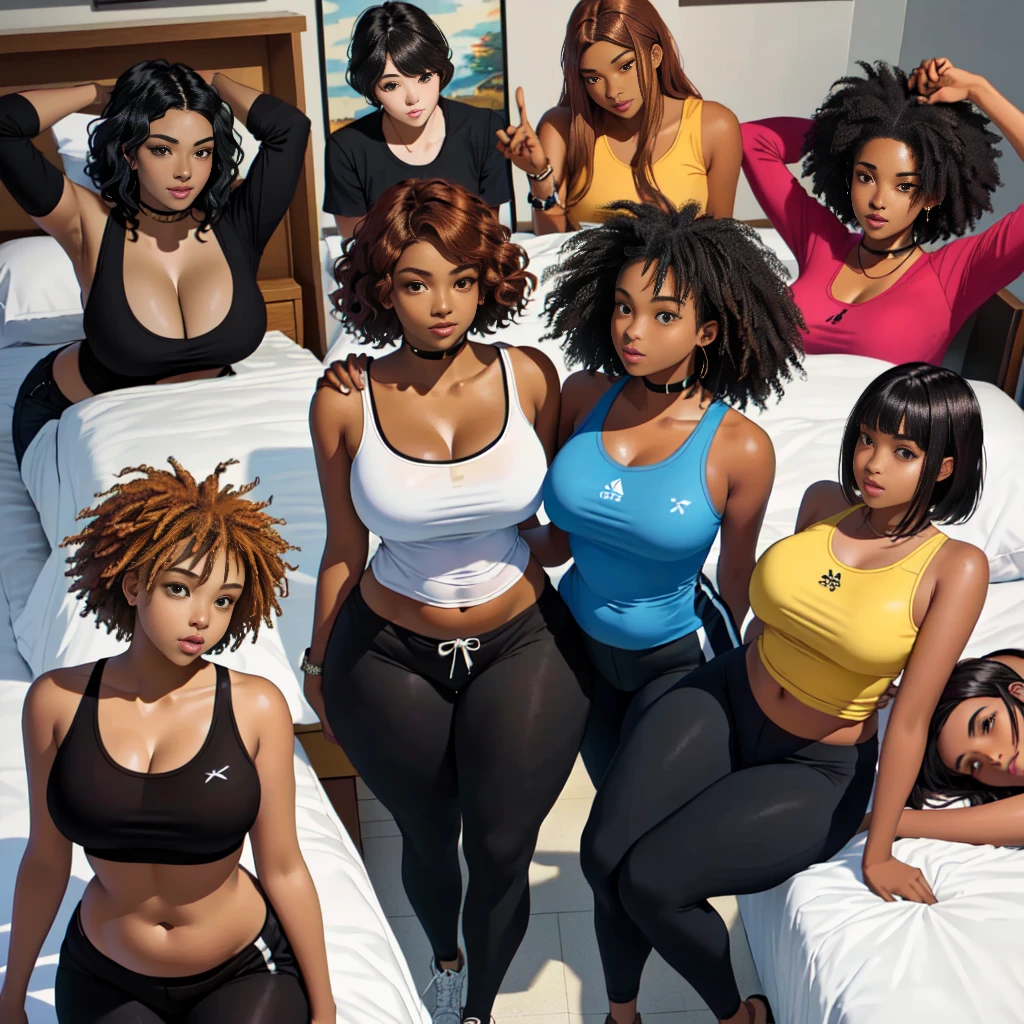 (A single black man laying on his back, in-bed wearing shorts, in-center of composition) A diverse group of five young adult Americans, representing different ethnicities and characteristics, wearing yoga-pants and tank-tops, displays their unique beauty with perfect bodies, large breasts, wide thicc-hips, Among them, there are blonde young adult girls with auburn hair, emanating an air of natural elegance. Brown young adult girls with silky locks and a captivating sheen show off their exotic beauty. Also present are black young adult girls with stunning curly hair, highlighting their authenticity and cultural pride, (the women surround a singular BLACK MAN with short-hair, from all sides) (in a bed) the women kiss the singular Black Man, touch the singular Black man, masterpiece, high details, high quality, best quality.