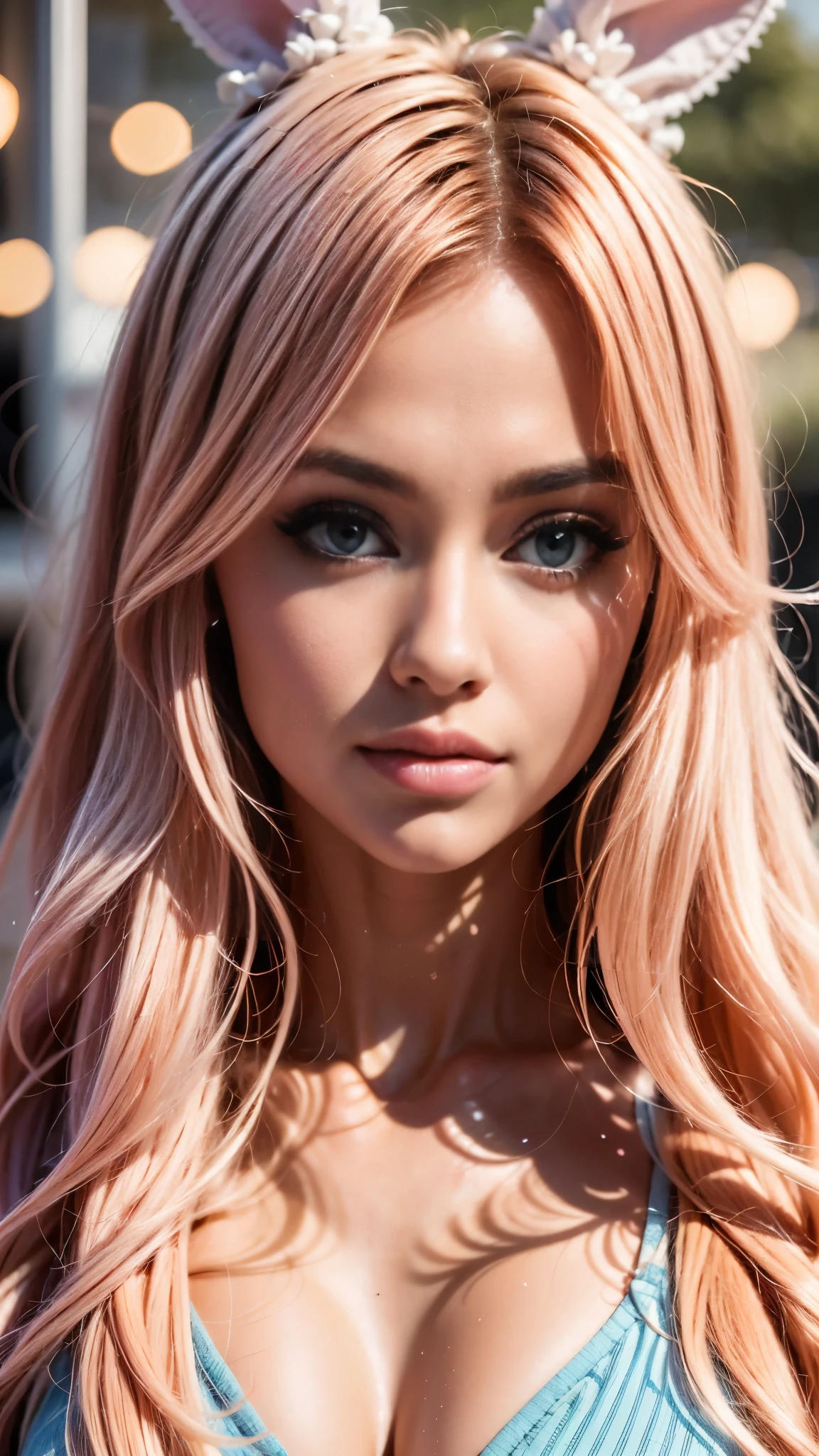 anime style, a closeup of a cartoon of a woman with ears and rabbit tail, with rabbit tail, with rabbit ears, girl design, mara, portrait, giesha, anime image, long hair, pink hair, hair covering ears, happy, polished and powerful look, exotic, tall