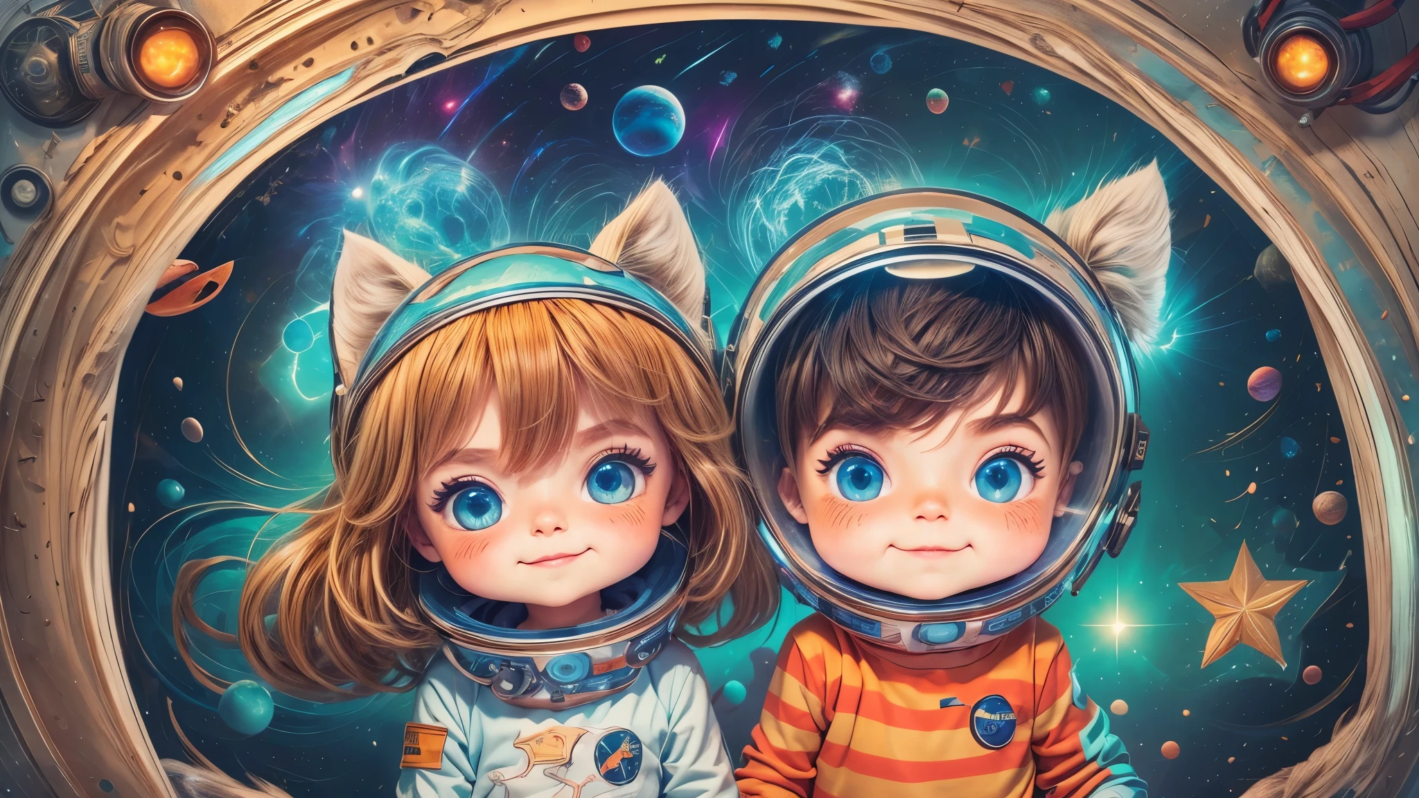 Cartoon illustration of a boy and a girl in space with cat, official fan art, in space, kitten in outer space, in outer space, in deep space, in galaxies, deep space exploration!!!, space travel, wearing in stars and planets, outer space, outer space, starry sky in space, in space, official art, space, on a spaceship, colorful, cute, more detailed, light, more realistic, cartoon